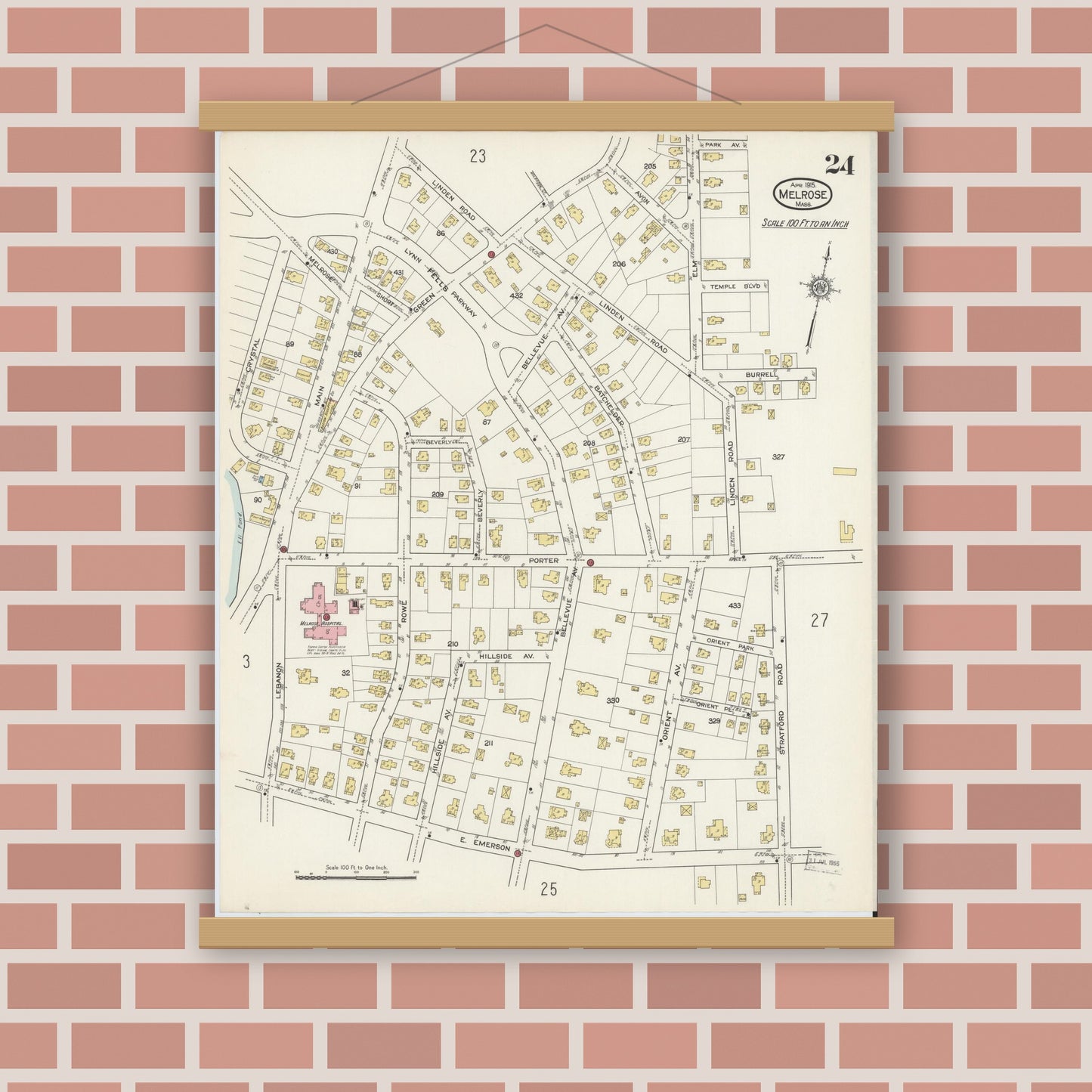 Old map wall art mockup — magnetic wood frame on brick wall — Sanborn Fire Insurance Map from Melrose, Middlesex County, Massachusetts (1915), Sheet #0024