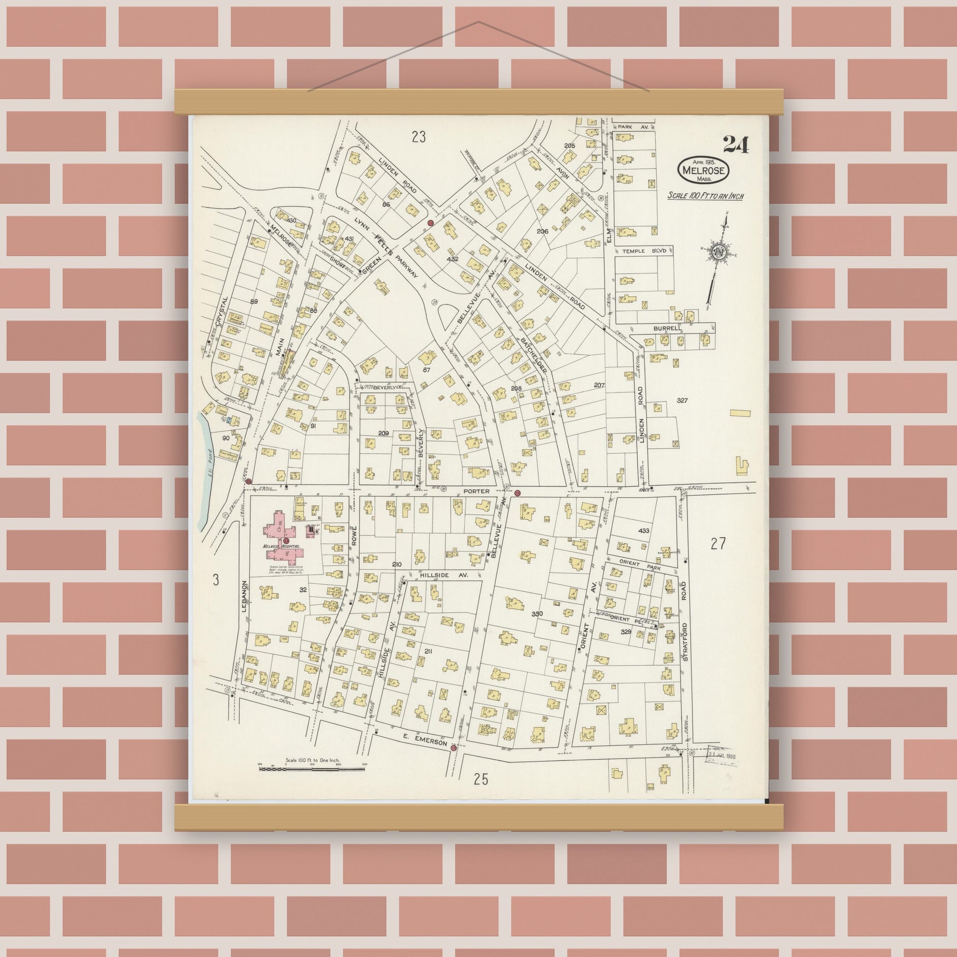 Old map wall art mockup — magnetic wood frame on brick wall — Sanborn Fire Insurance Map from Melrose, Middlesex County, Massachusetts (1915), Sheet #0024