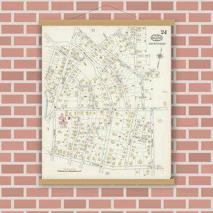 Old map wall art mockup — magnetic wood frame on brick wall — Sanborn Fire Insurance Map from Melrose, Middlesex County, Massachusetts (1915), Sheet #0024