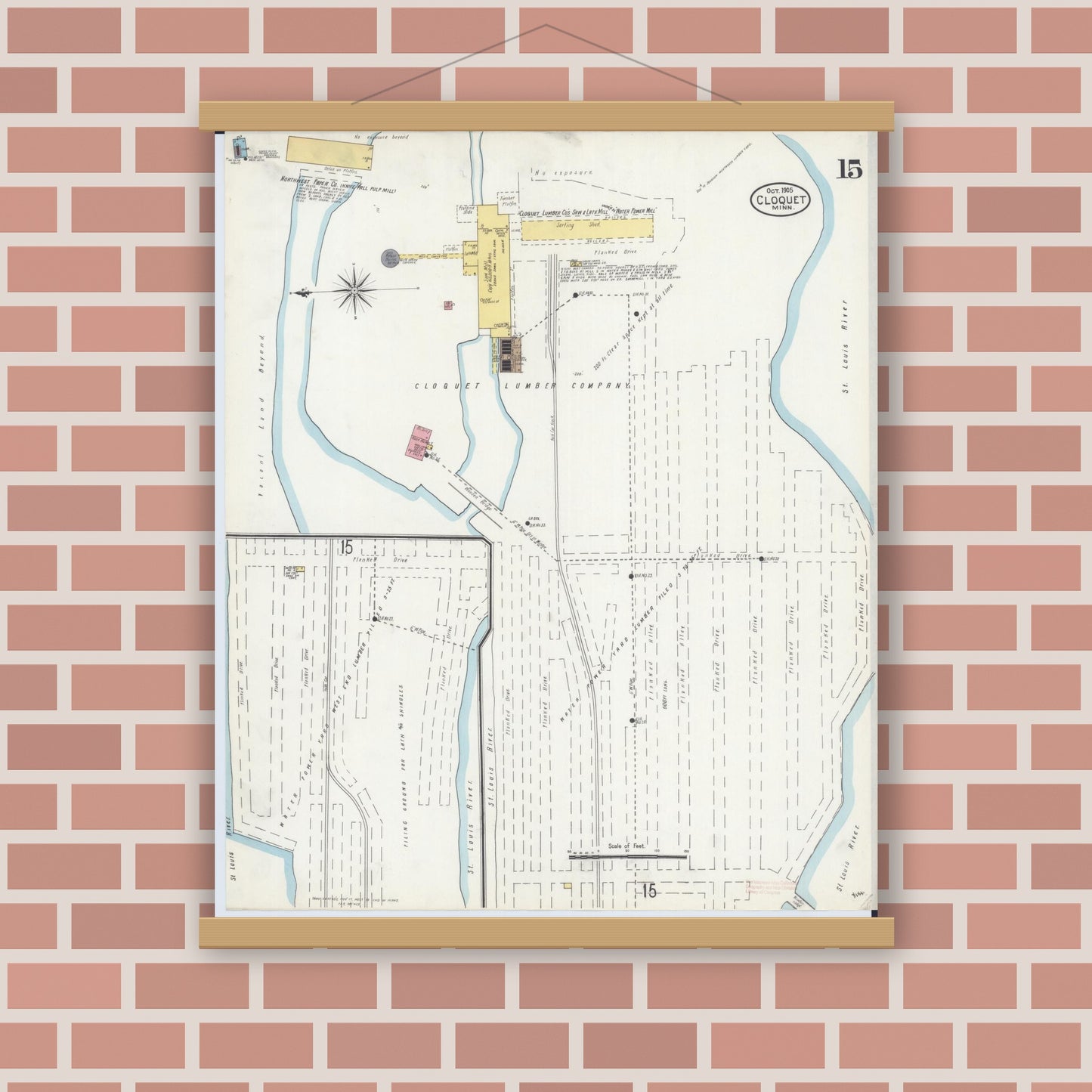 Old map wall art mockup — magnetic wood frame on brick wall — Sanborn Fire Insurance Map from Cloquet, Carlton County, Minnesota (1905), Sheet #0015
