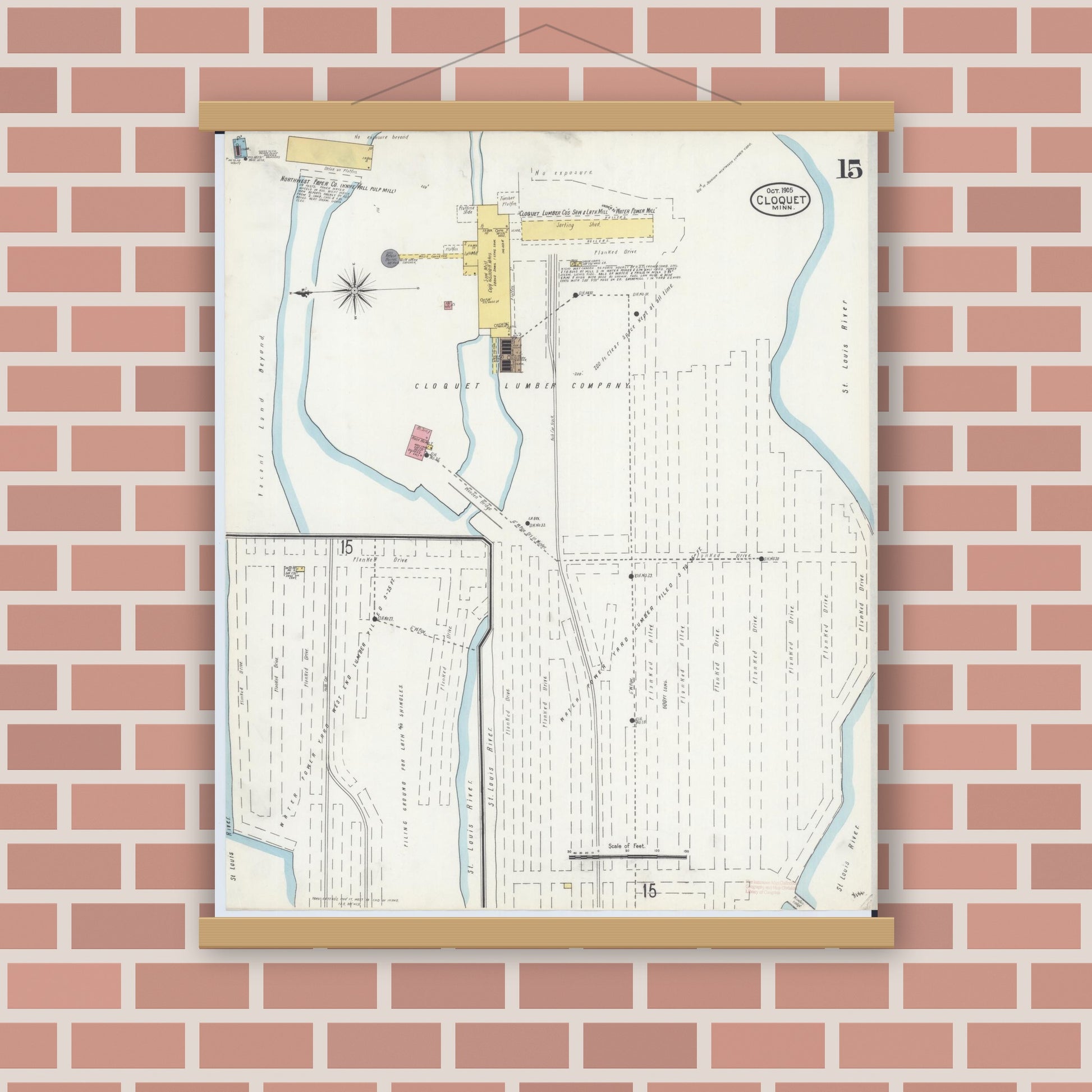 Old map wall art mockup — magnetic wood frame on brick wall — Sanborn Fire Insurance Map from Cloquet, Carlton County, Minnesota (1905), Sheet #0015