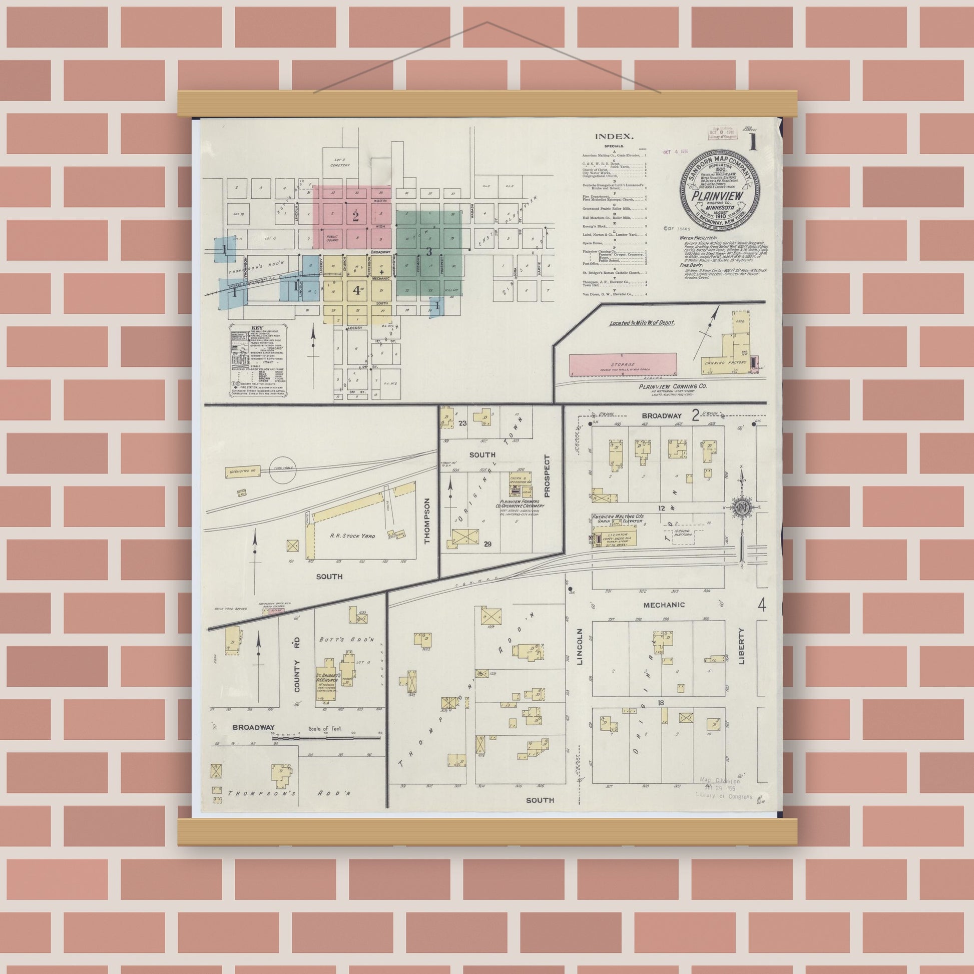 Old map wall art mockup — magnetic wood frame on brick wall — Sanborn Fire Insurance Map from Plainview, Wabasha County, Minnesota (1910), Sheet #0001