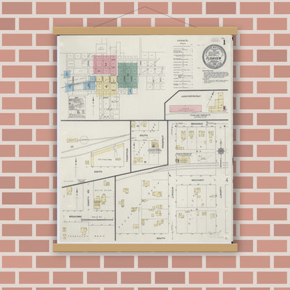 Old map wall art mockup — magnetic wood frame on brick wall — Sanborn Fire Insurance Map from Plainview, Wabasha County, Minnesota (1910), Sheet #0001