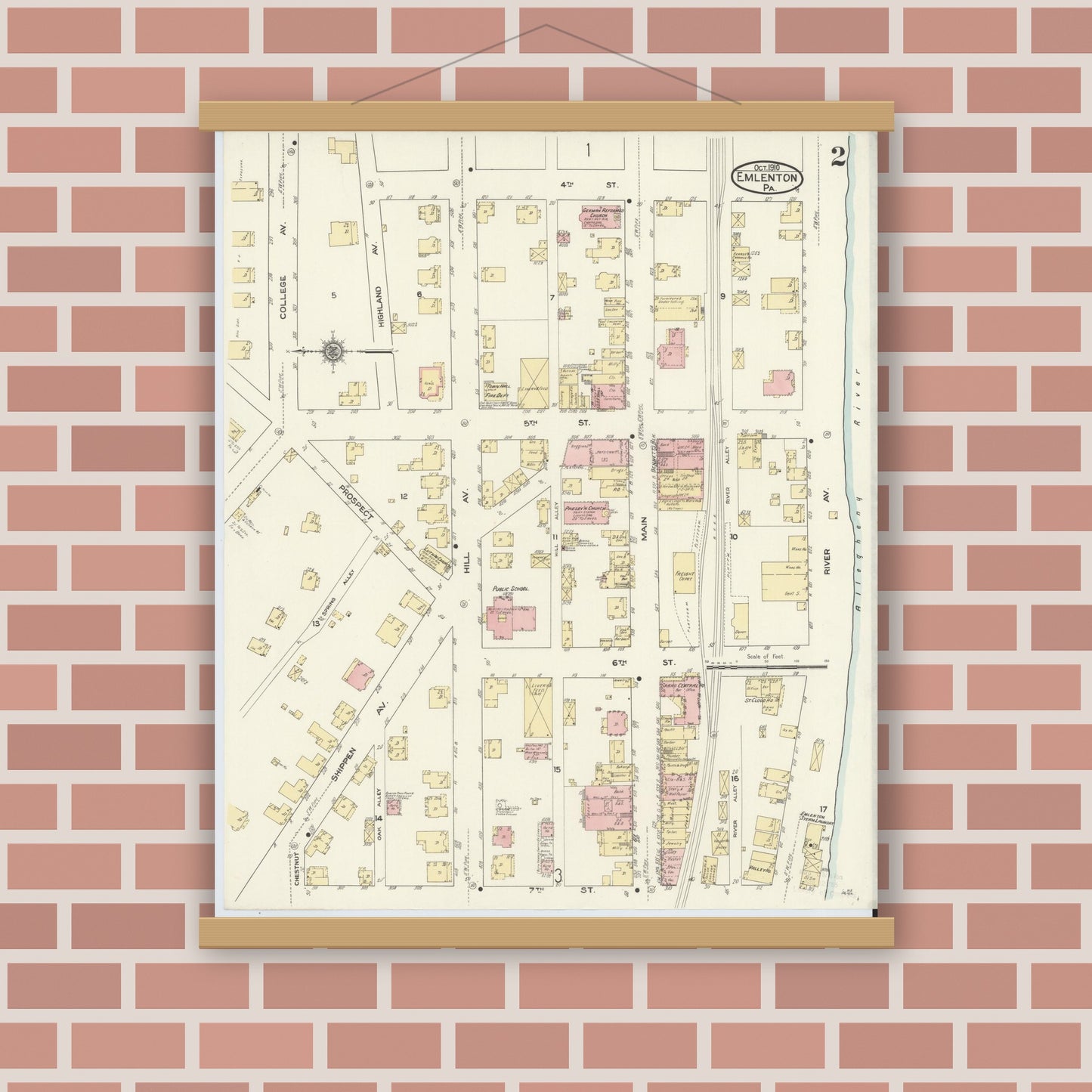 Old map wall art mockup — magnetic wood frame on brick wall — Sanborn Fire Insurance Map from Emlenton, Venango County, Pennsylvania (1910), Sheet #0002