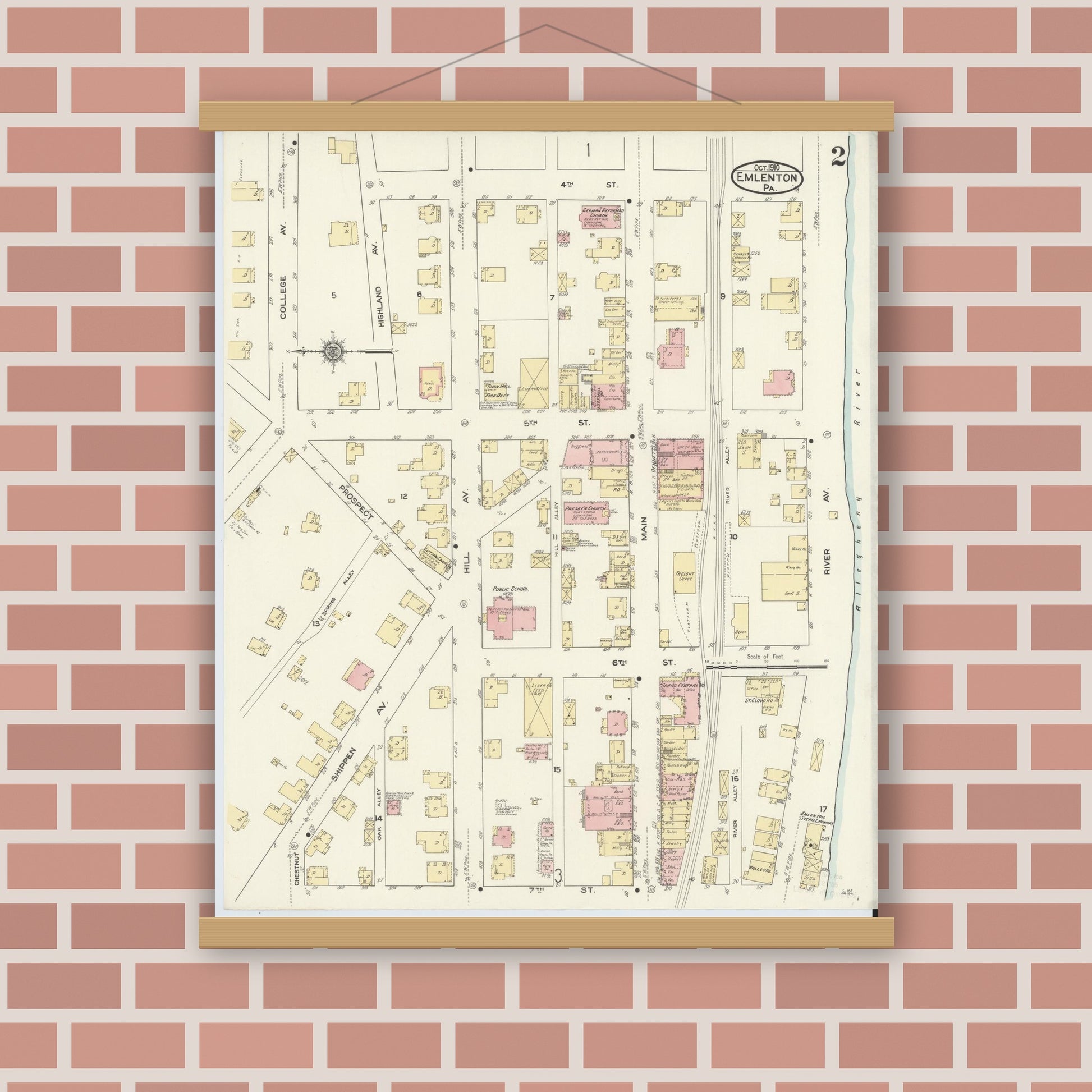 Old map wall art mockup — magnetic wood frame on brick wall — Sanborn Fire Insurance Map from Emlenton, Venango County, Pennsylvania (1910), Sheet #0002