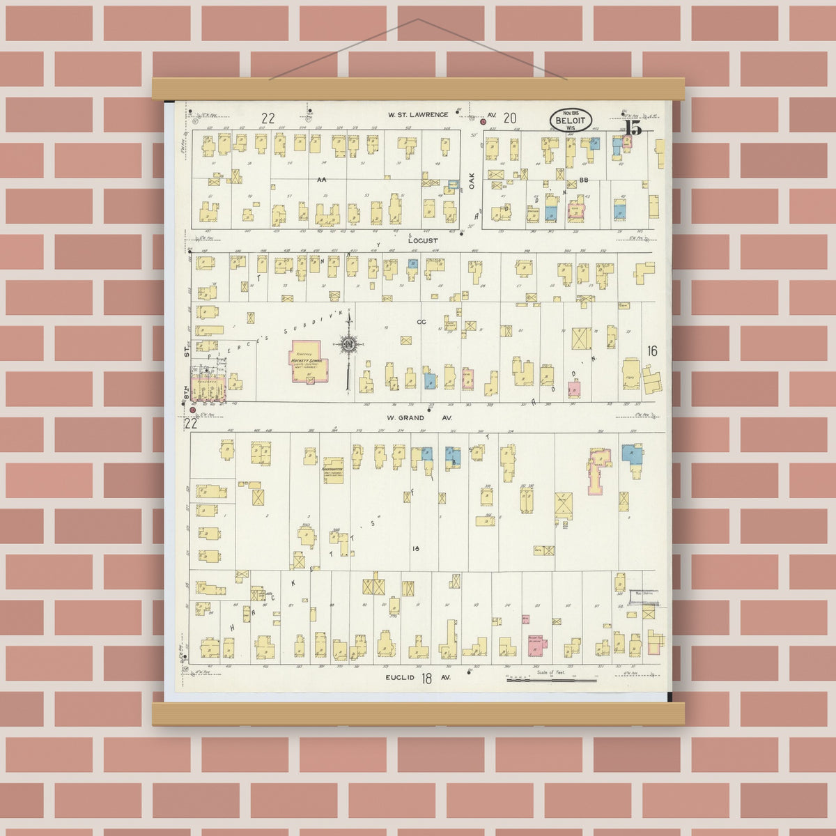 Old map wall art mockup — magnetic wood frame on brick wall — Sanborn Fire Insurance Map from Beloit, Rock County, Wisconsin (1915), Sheet #0015