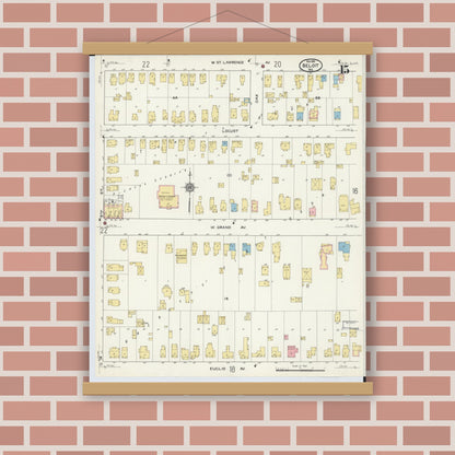 Old map wall art mockup — magnetic wood frame on brick wall — Sanborn Fire Insurance Map from Beloit, Rock County, Wisconsin (1915), Sheet #0015