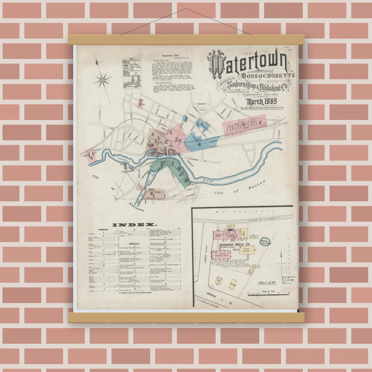 Old map wall art mockup — magnetic wood frame on brick wall — Sanborn Fire Insurance Map from Watertown, Middlesex County, Massachusetts (1889) - Complete Map Set