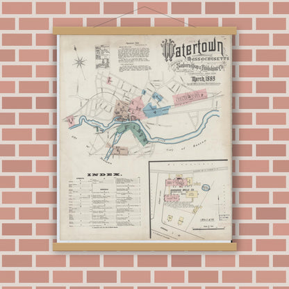 Old map wall art mockup — magnetic wood frame on brick wall — Sanborn Fire Insurance Map from Watertown, Middlesex County, Massachusetts (1889) - Complete Map Set