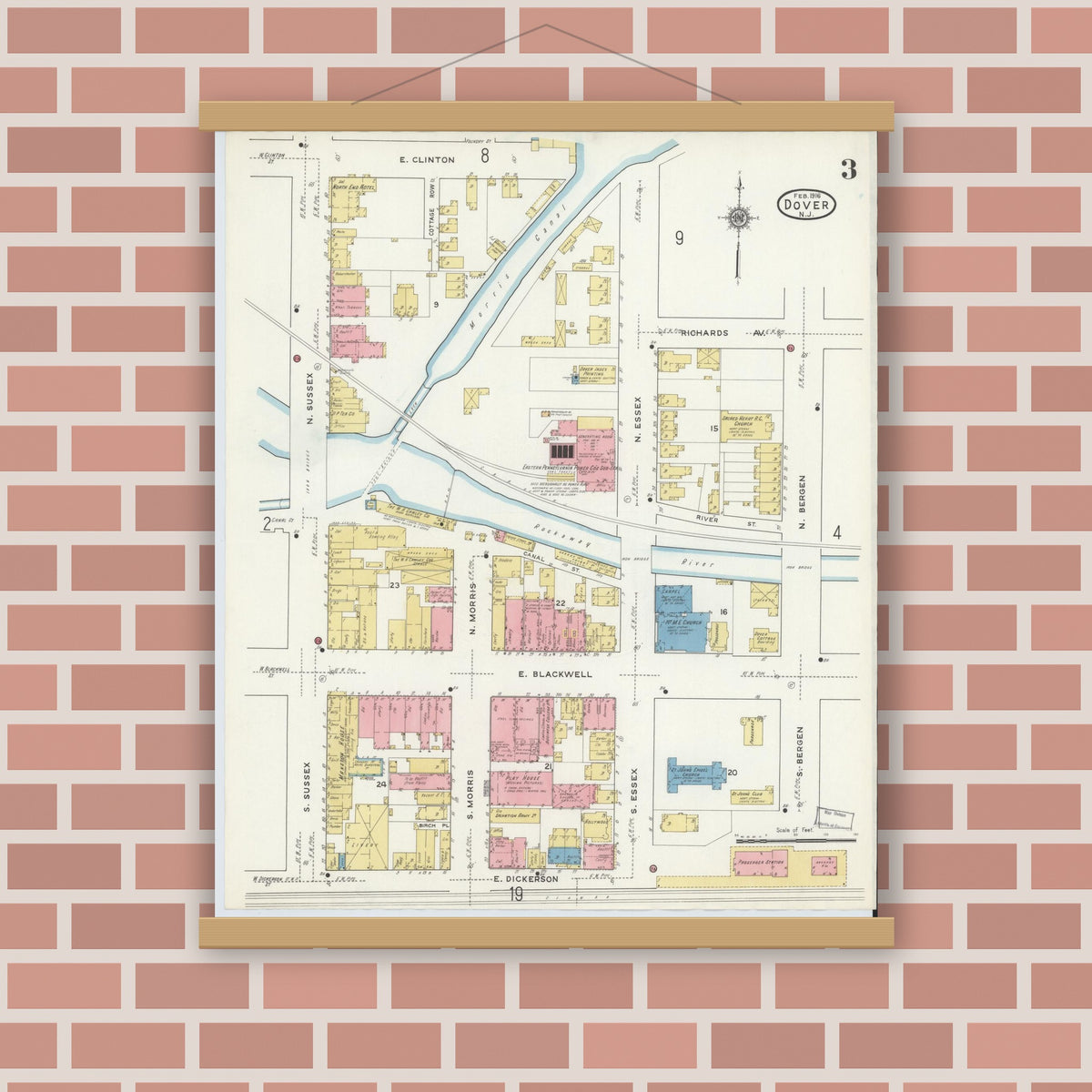 Old map wall art mockup — magnetic wood frame on brick wall — Sanborn Fire Insurance Map from Dover, Morris County, New Jersey (1916), Sheet #0003