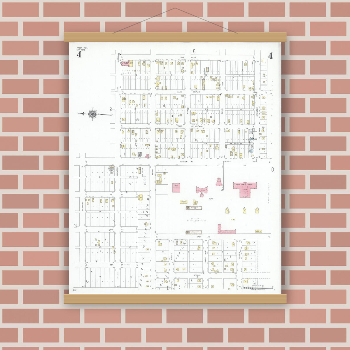 Old map wall art mockup — magnetic wood frame on brick wall — Sanborn Fire Insurance Map from Freer, Duval County, Texas (1948), Sheet #0004