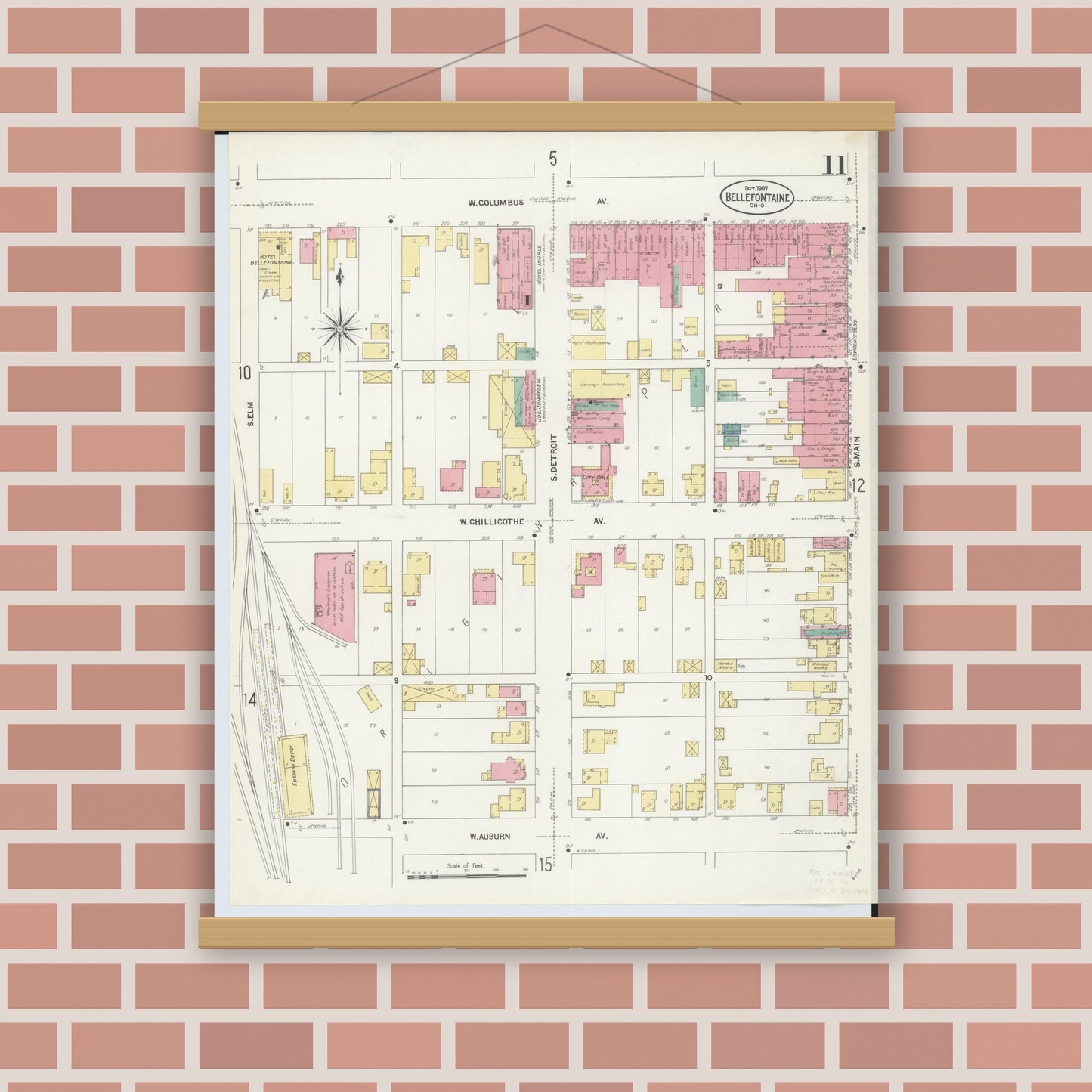 Old map wall art mockup — magnetic wood frame on brick wall — Sanborn Fire Insurance Map from Bellefontaine, Logan County, Ohio (1907), Sheet #0011