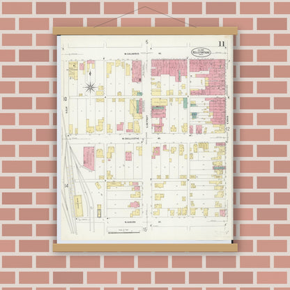 Old map wall art mockup — magnetic wood frame on brick wall — Sanborn Fire Insurance Map from Bellefontaine, Logan County, Ohio (1907), Sheet #0011