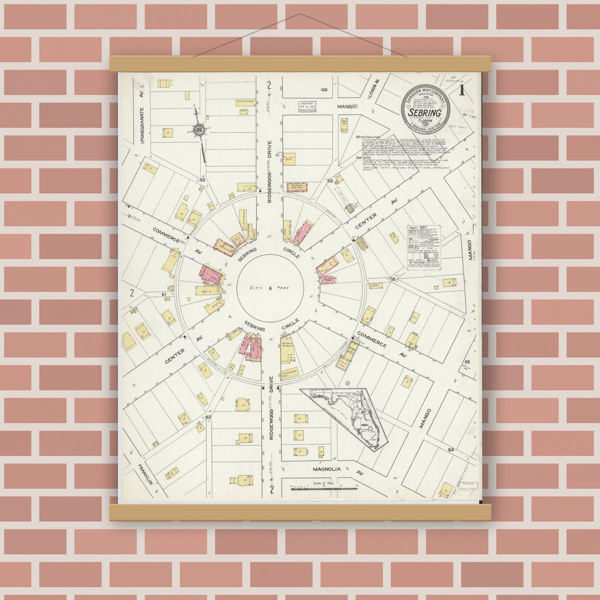 Old map wall art mockup — magnetic wood frame on brick wall — Sanborn Fire Insurance Map from Sebring, Highlands County, Florida (1917) - Complete Map Set