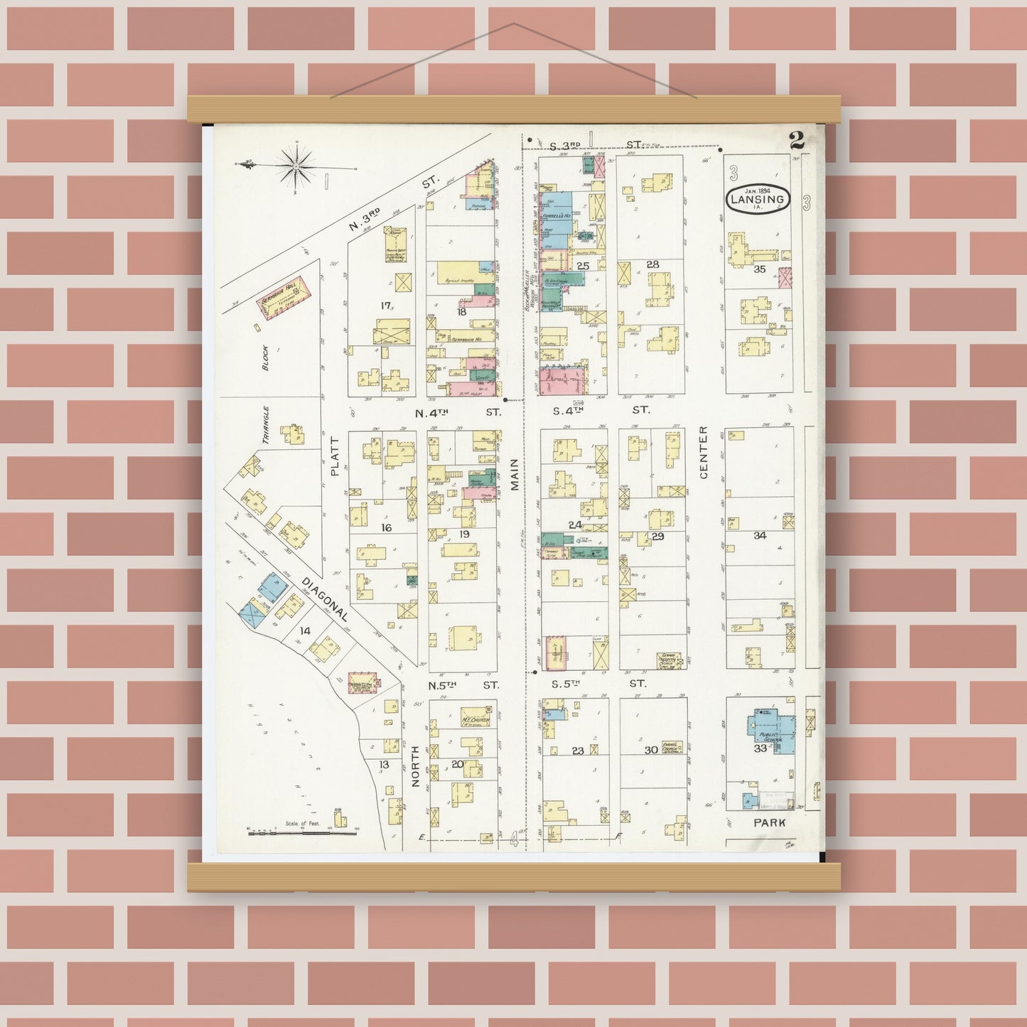 Old map wall art mockup — magnetic wood frame on brick wall — Sanborn Fire Insurance Map from Lansing, Allamakee County, Iowa (1894), Sheet #0002