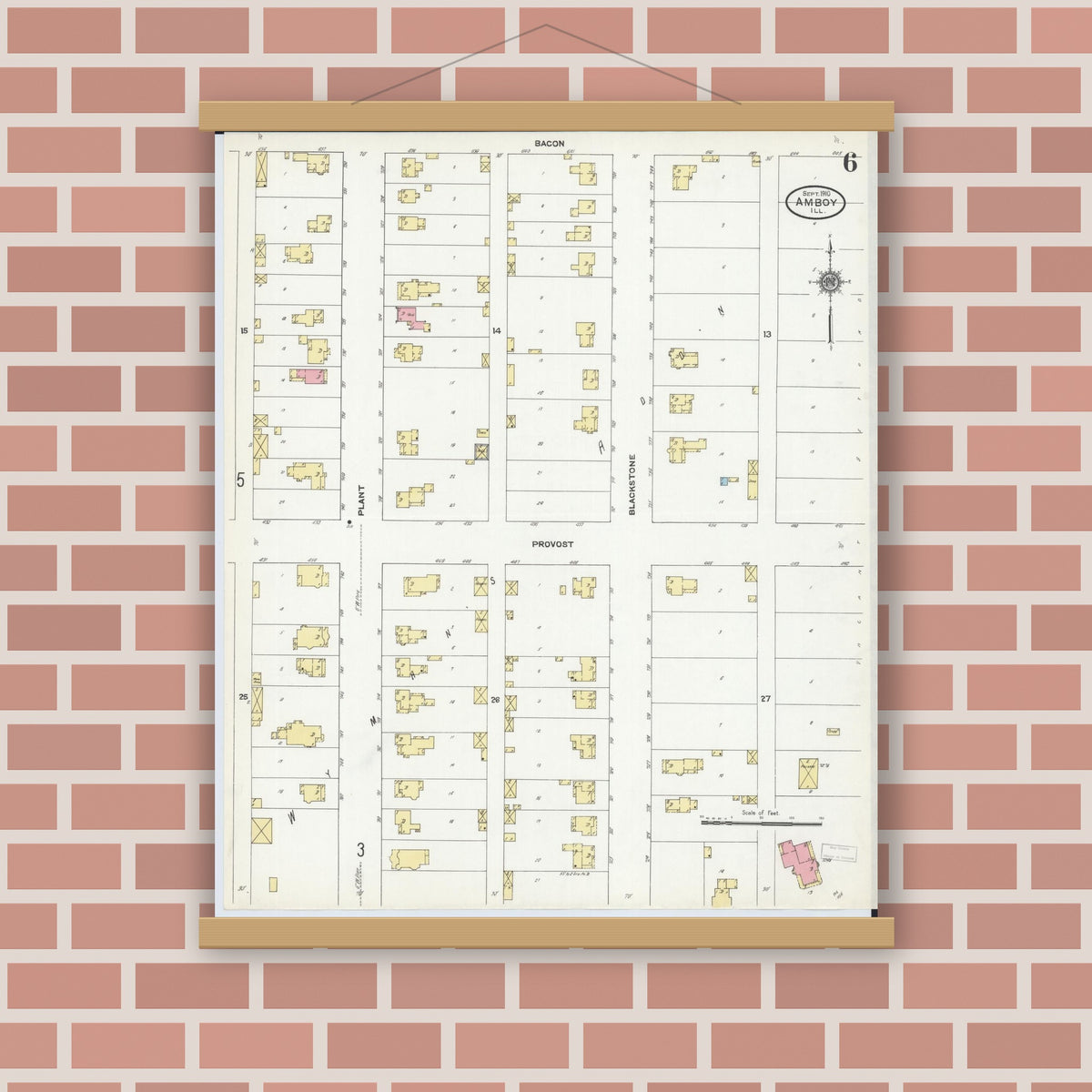 Old map wall art mockup — magnetic wood frame on brick wall — Sanborn Fire Insurance Map from Amboy, Lee County, Illinois (1910), Sheet #0006