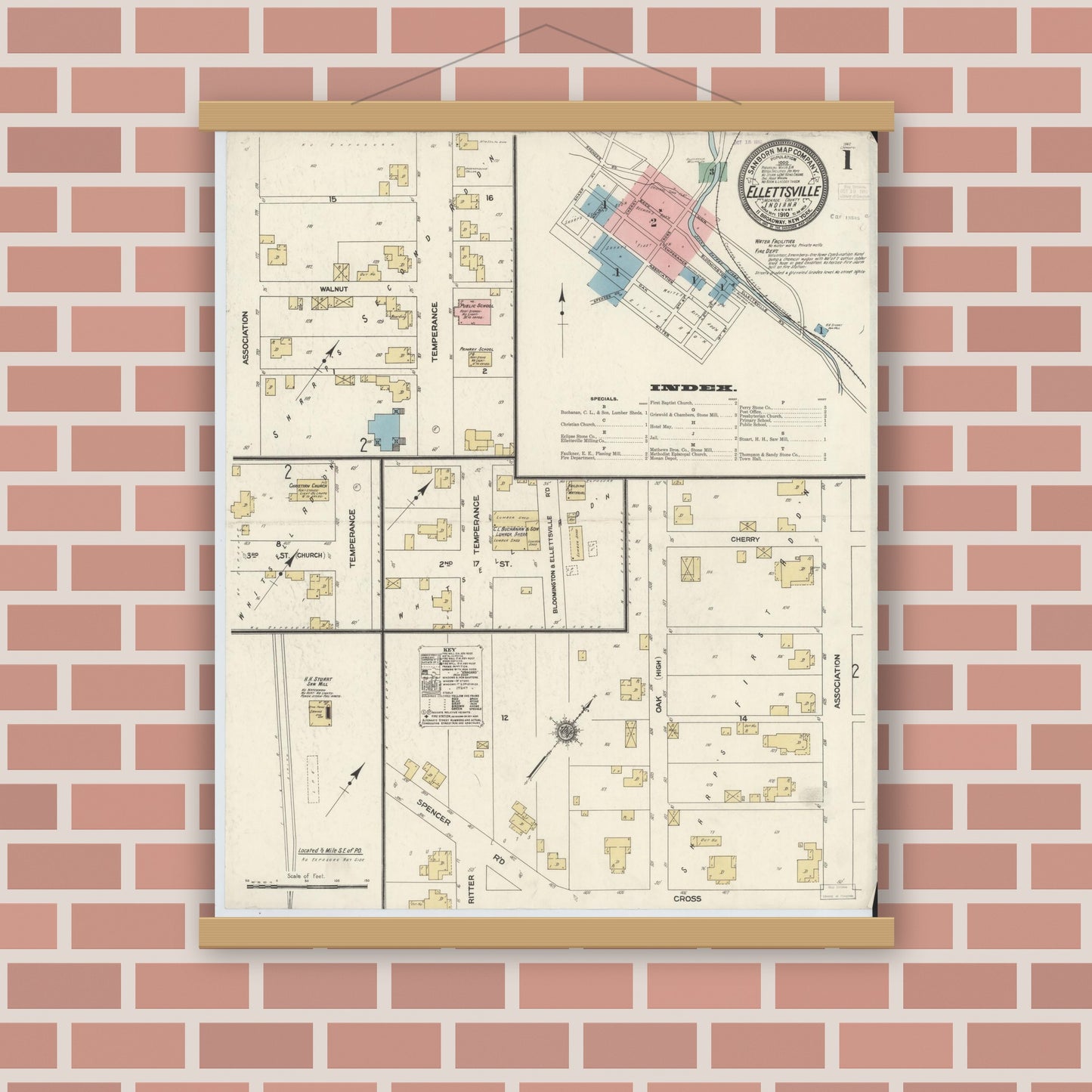 Old map wall art mockup — magnetic wood frame on brick wall — Sanborn Fire Insurance Map from Ellettsville, Monroe County, Indiana (1910) - Complete Map Set
