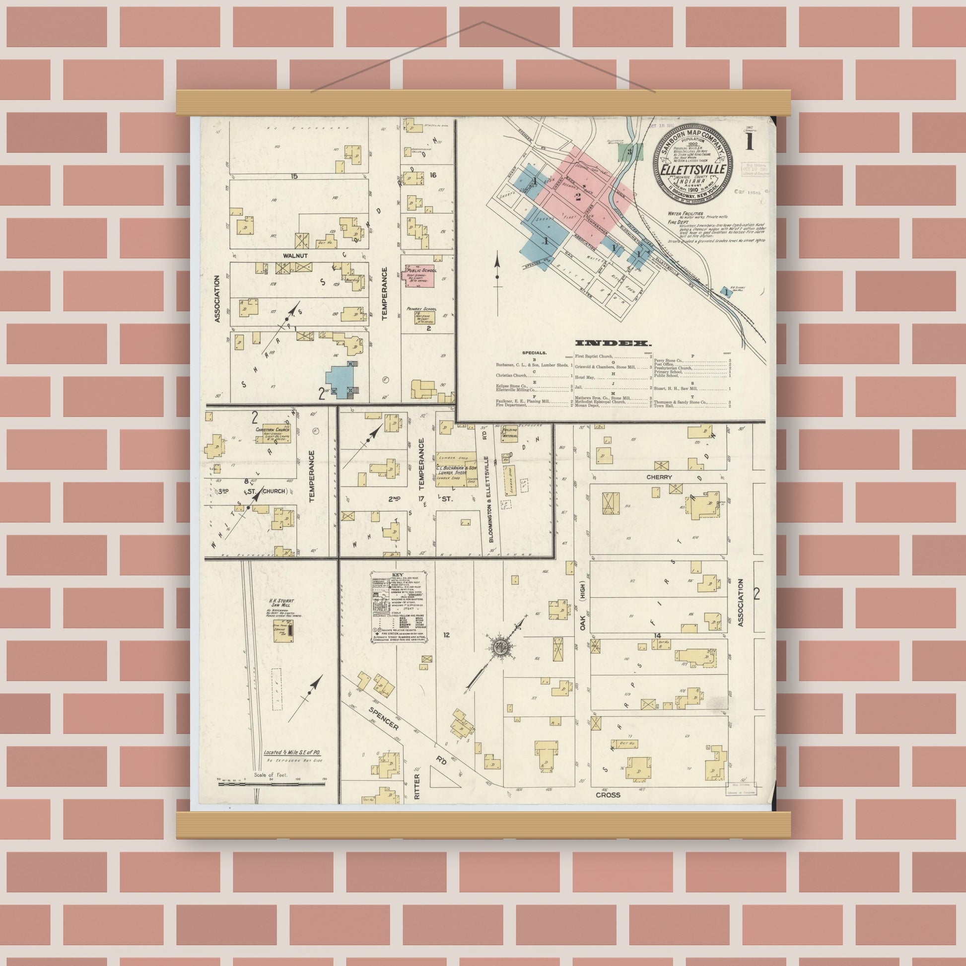 Old map wall art mockup — magnetic wood frame on brick wall — Sanborn Fire Insurance Map from Ellettsville, Monroe County, Indiana (1910) - Complete Map Set