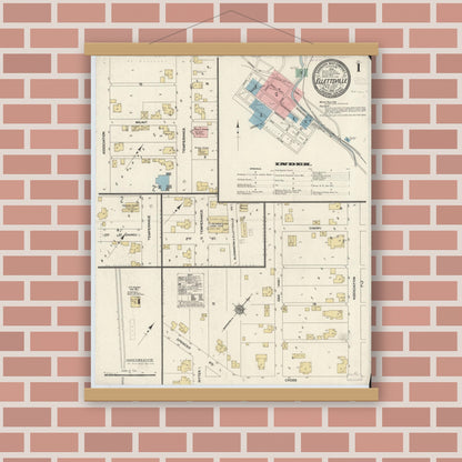 Old map wall art mockup — magnetic wood frame on brick wall — Sanborn Fire Insurance Map from Ellettsville, Monroe County, Indiana (1910) - Complete Map Set