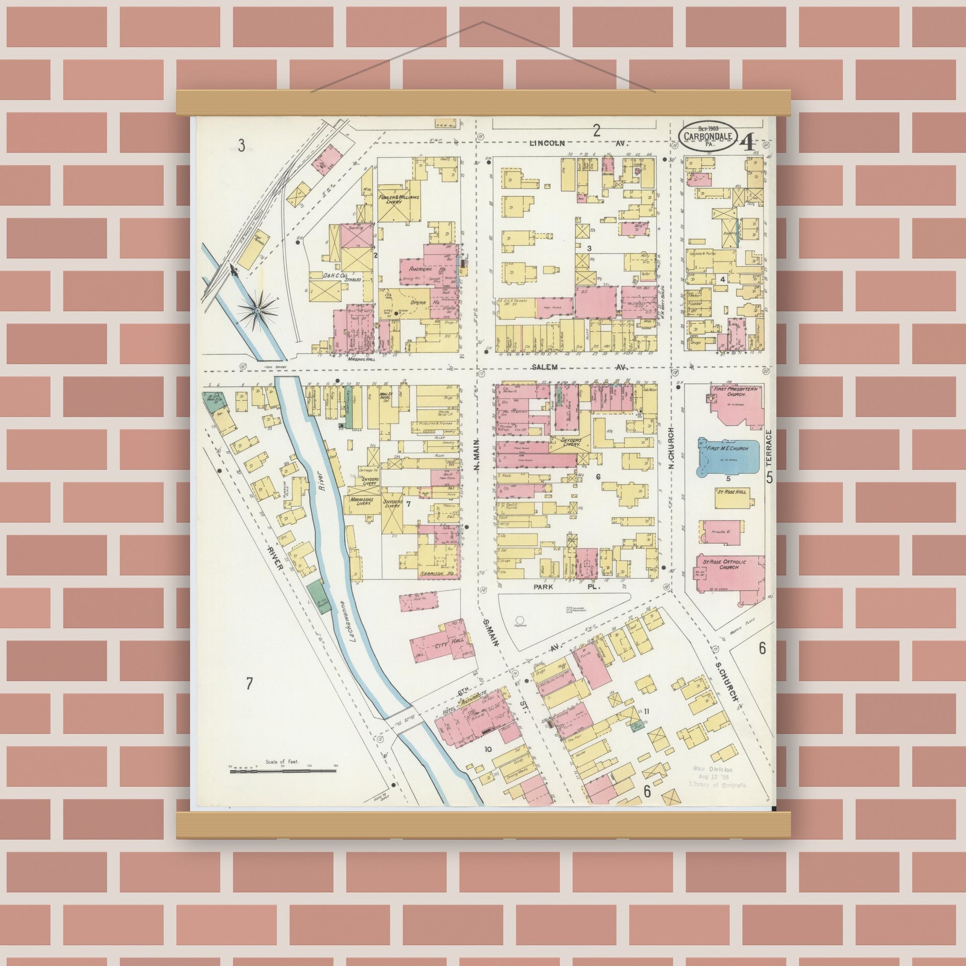 Old map wall art mockup — magnetic wood frame on brick wall — Sanborn Fire Insurance Map from Carbondale, Lackawanna County, Pennsylvania (1903), Sheet #0004