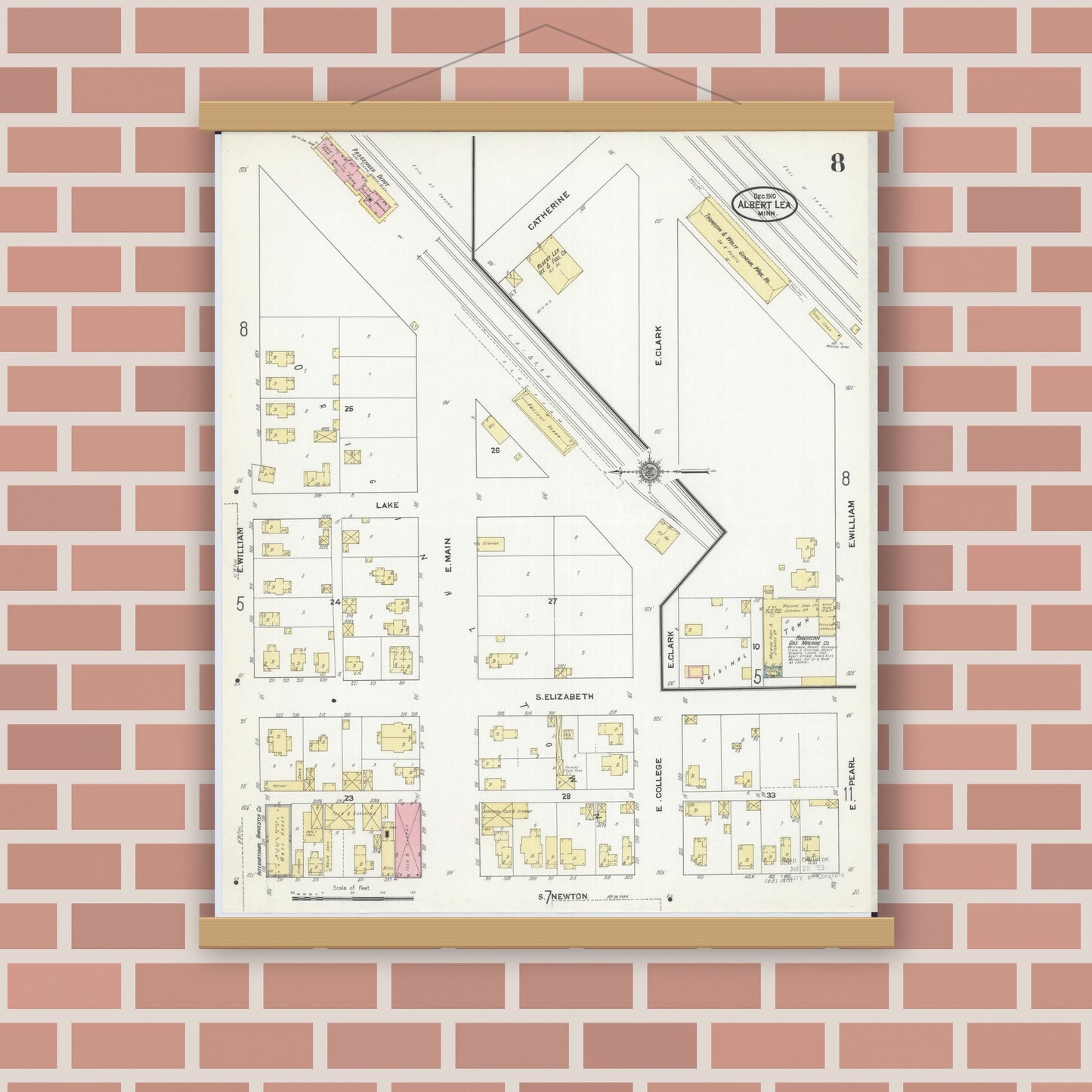 Old map wall art mockup — magnetic wood frame on brick wall — Sanborn Fire Insurance Map from Albert Lea, Freeborn County, Minnesota (1910), Sheet #0008
