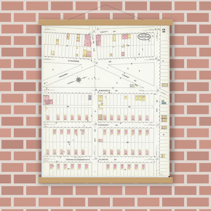 Old map wall art mockup — magnetic wood frame on brick wall — Sanborn Fire Insurance Map from Trafford, Westmoreland County, Pennsylvania (1909), Sheet #0002