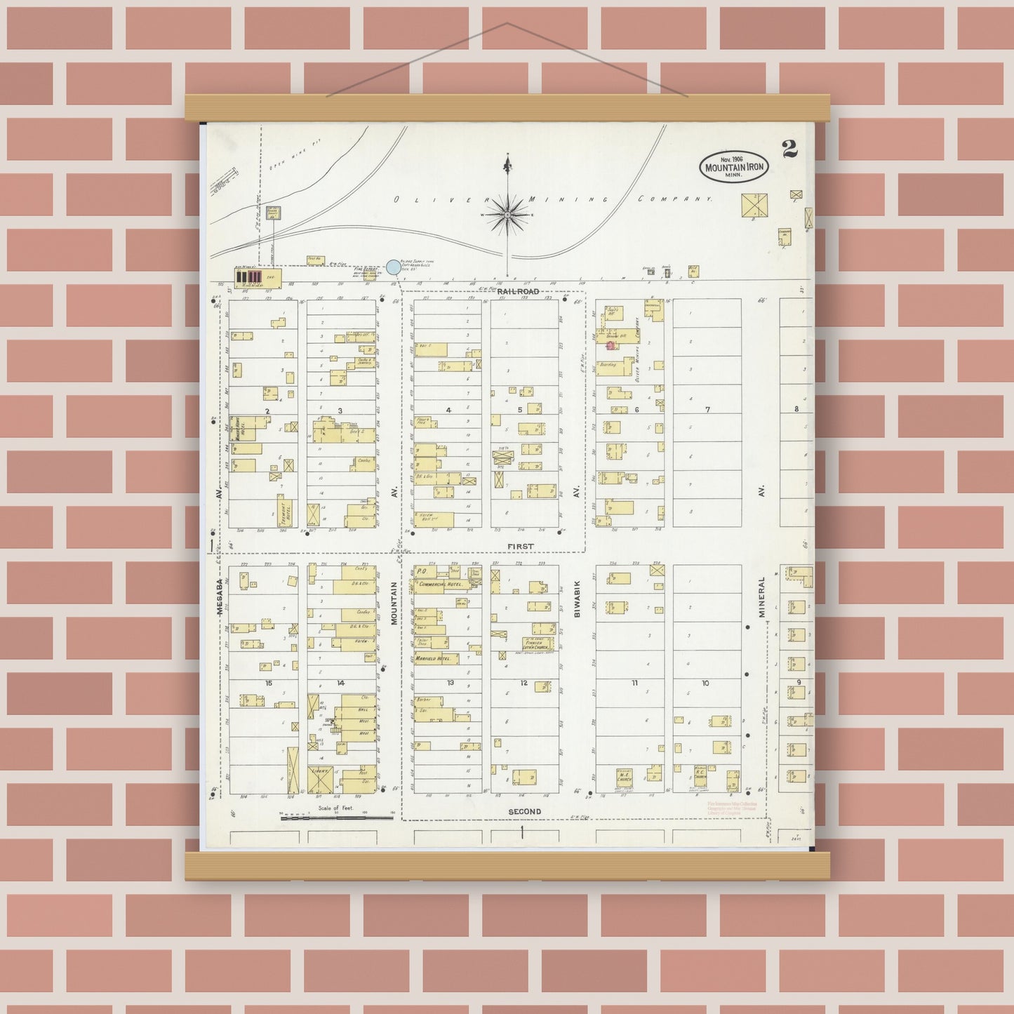Old map wall art mockup — magnetic wood frame on brick wall — Sanborn Fire Insurance Map from Mountain Iron, Saint Louis County, Minnesota (1906), Sheet #0002