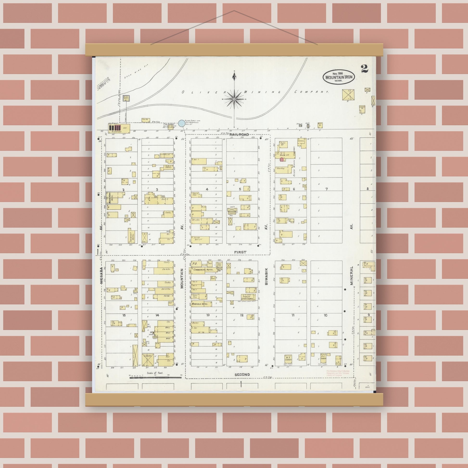 Old map wall art mockup — magnetic wood frame on brick wall — Sanborn Fire Insurance Map from Mountain Iron, Saint Louis County, Minnesota (1906), Sheet #0002