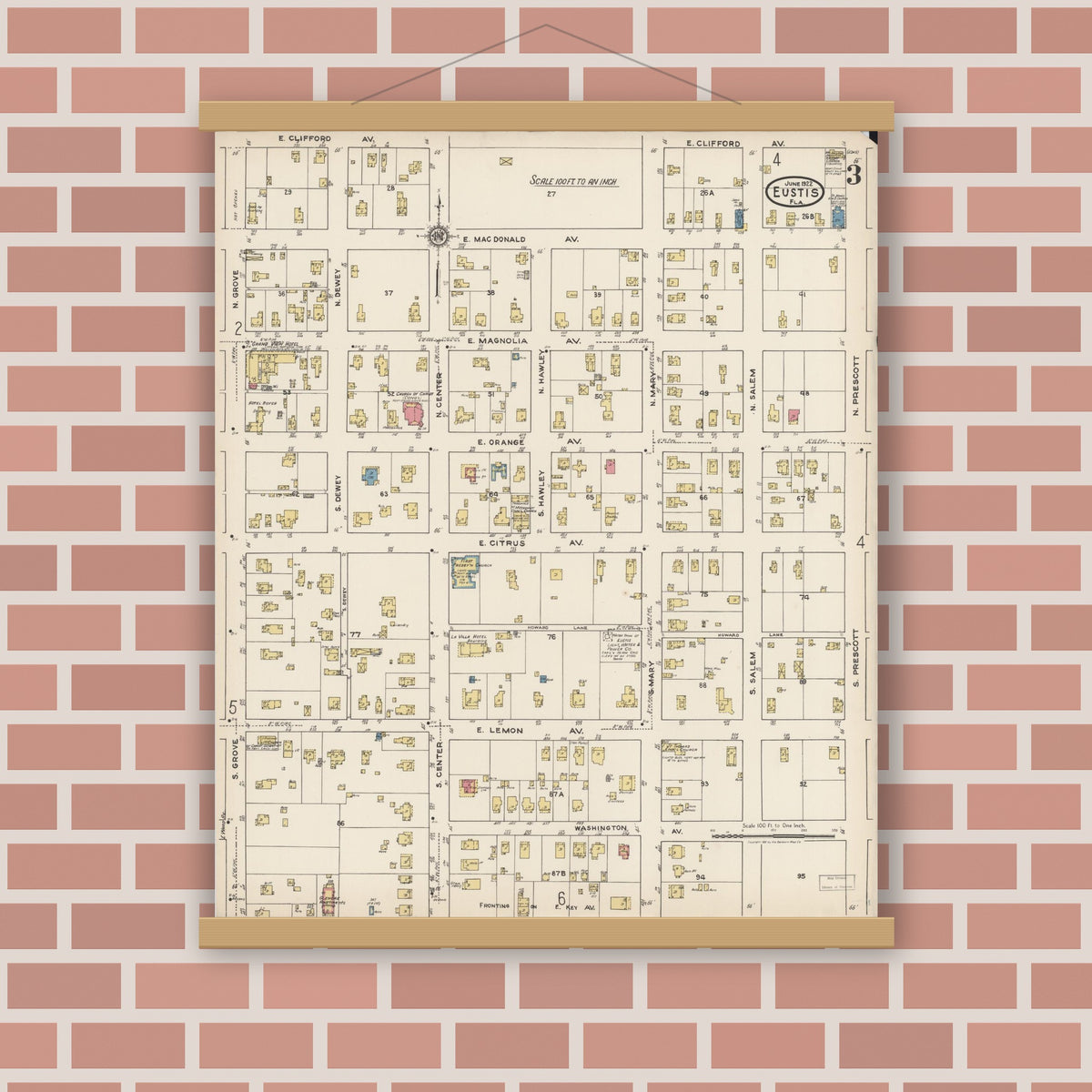 Old map wall art mockup — magnetic wood frame on brick wall — Sanborn Fire Insurance Map from Eustis, Lake County, Florida (1922), Sheet #0003