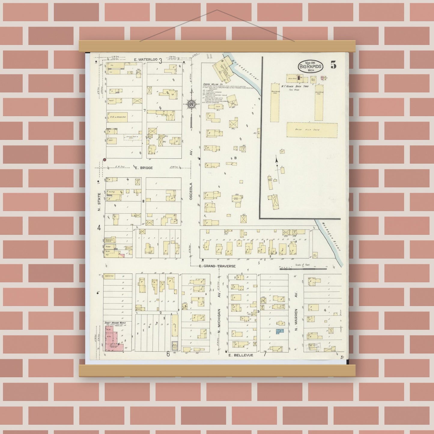 Old map wall art mockup — magnetic wood frame on brick wall — Sanborn Fire Insurance Map from Big Rapids, Mecosta County, Michigan (1914), Sheet #0005