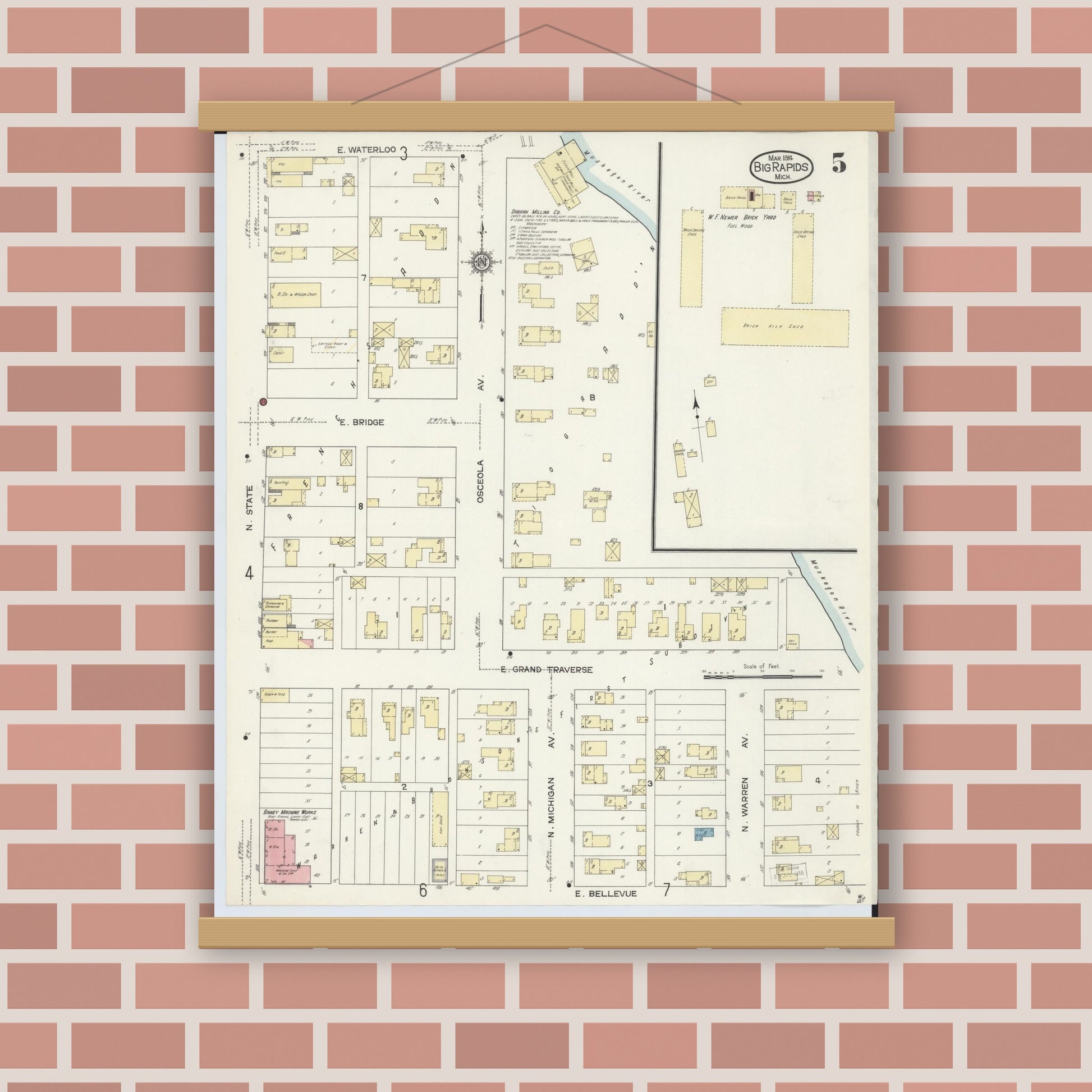 Old map wall art mockup — magnetic wood frame on brick wall — Sanborn Fire Insurance Map from Big Rapids, Mecosta County, Michigan (1914), Sheet #0005
