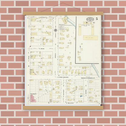 Old map wall art mockup — magnetic wood frame on brick wall — Sanborn Fire Insurance Map from Big Rapids, Mecosta County, Michigan (1914), Sheet #0005