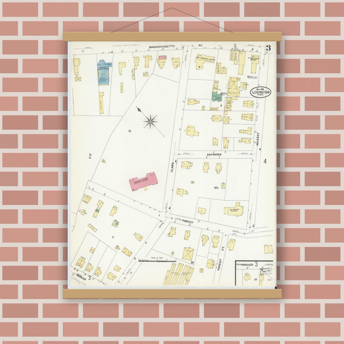Old map wall art mockup — magnetic wood frame on brick wall — Sanborn Fire Insurance Map from Lexington, Middlesex County, Massachusetts (1908), Sheet #0003