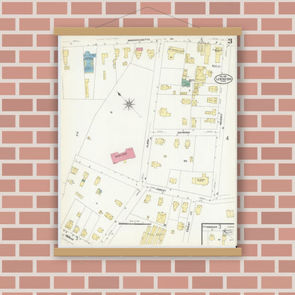 Old map wall art mockup — magnetic wood frame on brick wall — Sanborn Fire Insurance Map from Lexington, Middlesex County, Massachusetts (1908), Sheet #0003