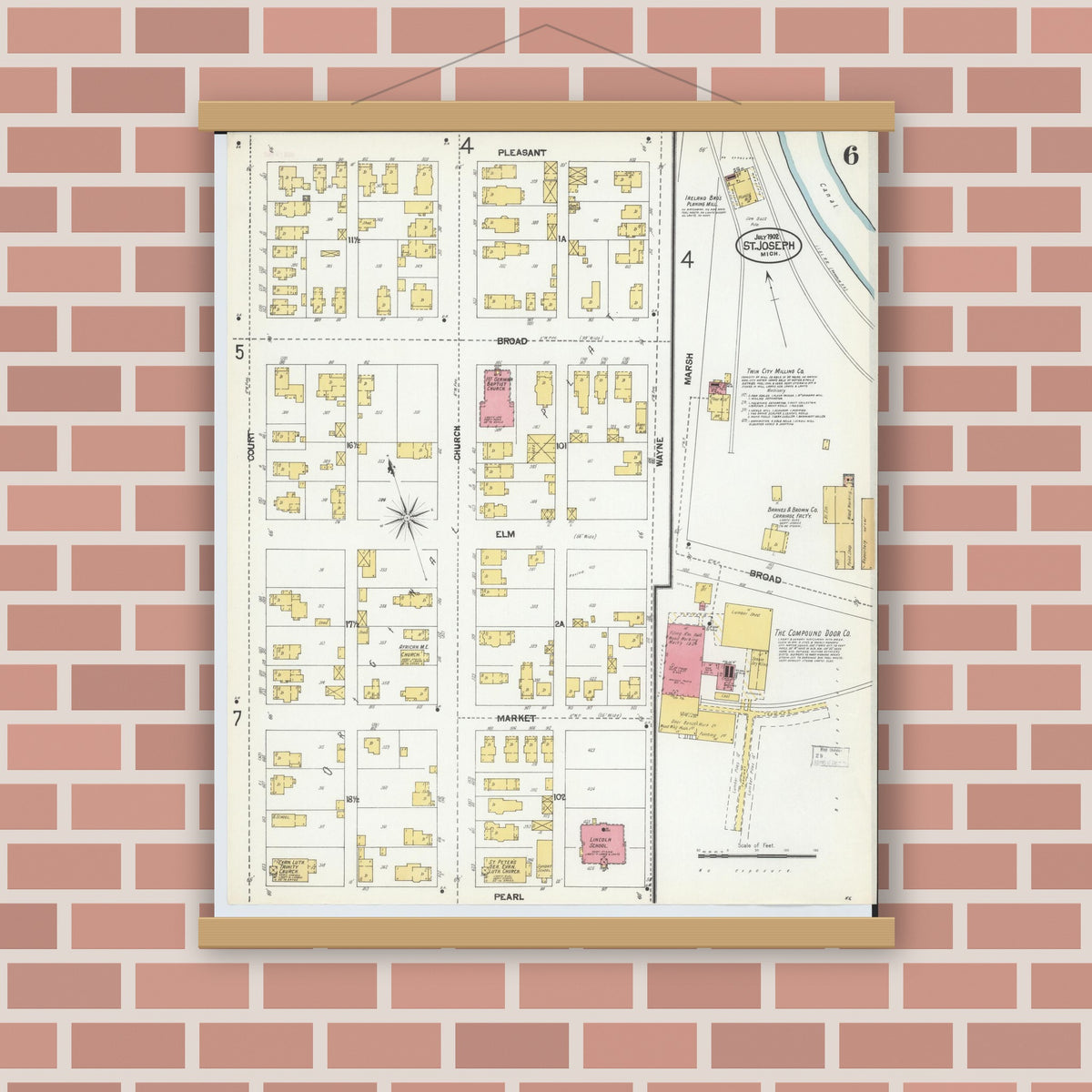 Old map wall art mockup — magnetic wood frame on brick wall — Sanborn Fire Insurance Map from Saint Joseph, Berrien County, Michigan (1902), Sheet #0006
