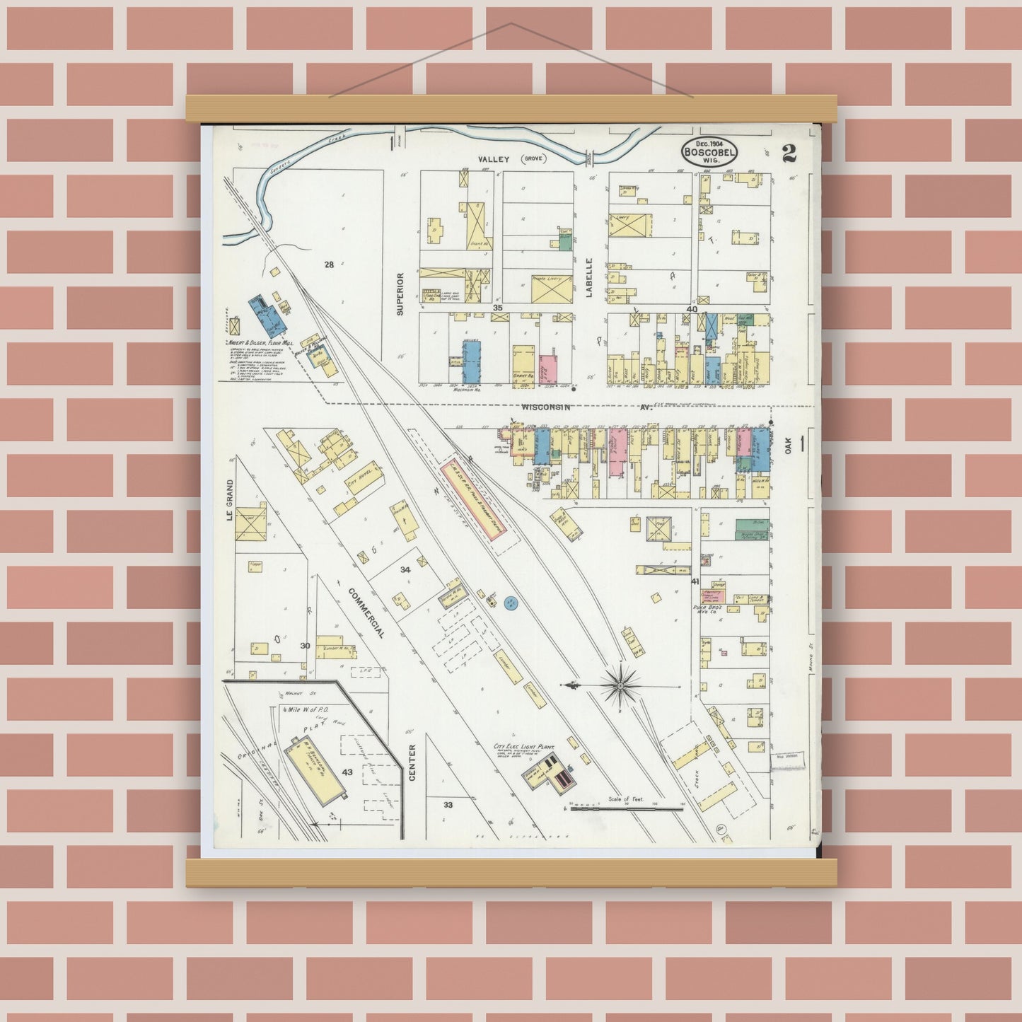 Old map wall art mockup — magnetic wood frame on brick wall — Sanborn Fire Insurance Map from Boscobel, Grant County, Wisconsin (1904), Sheet #0002