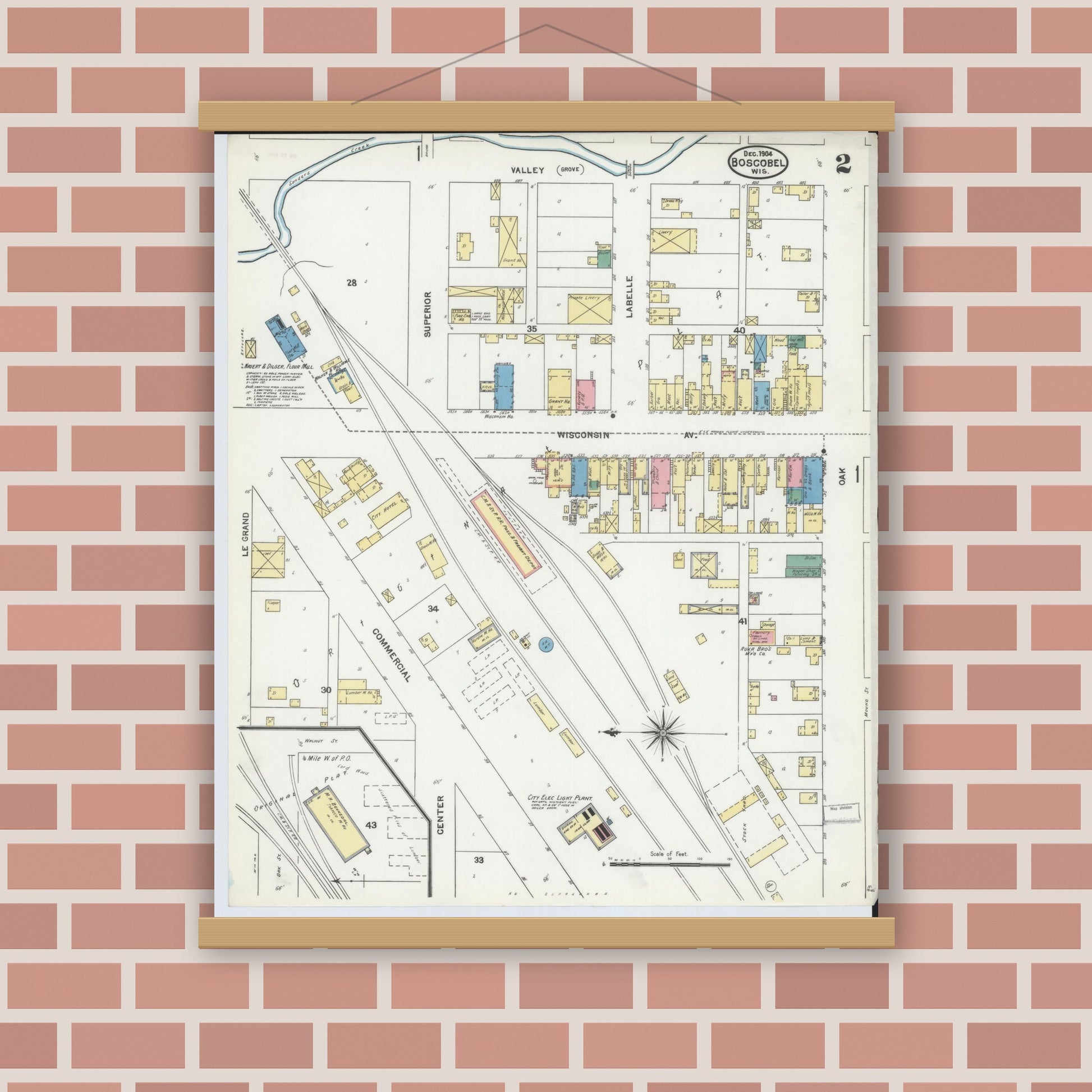Old map wall art mockup — magnetic wood frame on brick wall — Sanborn Fire Insurance Map from Boscobel, Grant County, Wisconsin (1904), Sheet #0002