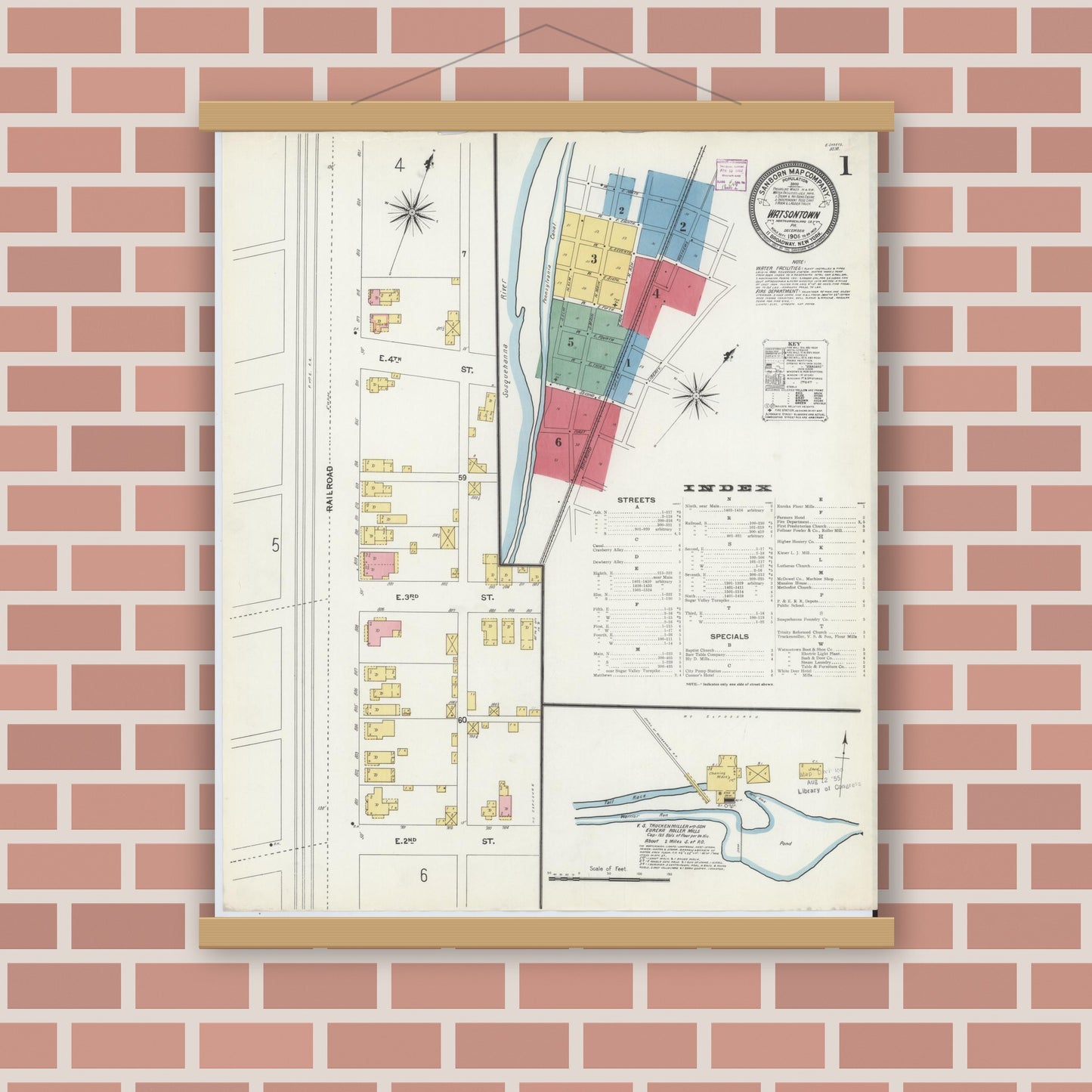 Old map wall art mockup — magnetic wood frame on brick wall — Sanborn Fire Insurance Map from Watsontown, Northumberland County, Pennsylvania (1906) - Complete Map Set