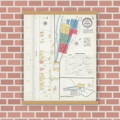 Old map wall art mockup — magnetic wood frame on brick wall — Sanborn Fire Insurance Map from Watsontown, Northumberland County, Pennsylvania (1906) - Complete Map Set