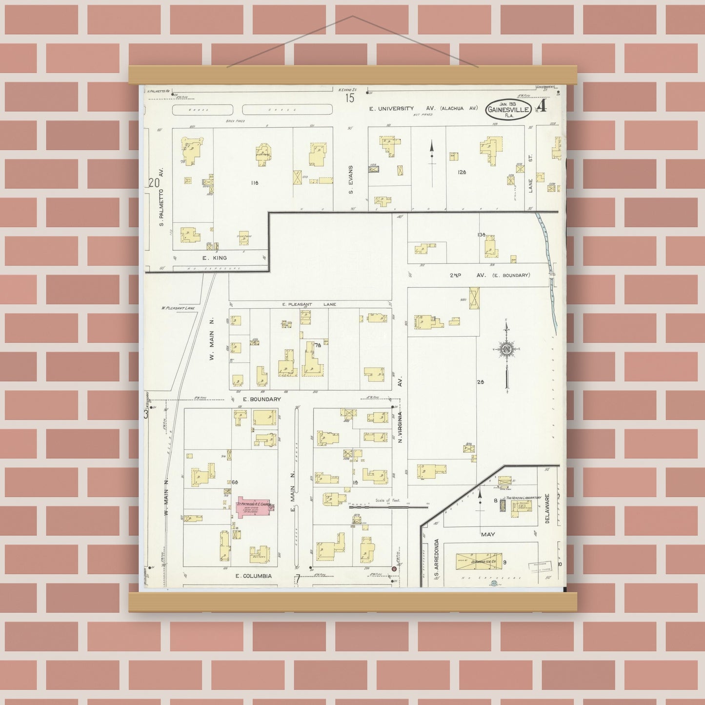 Old map wall art mockup — magnetic wood frame on brick wall — Sanborn Fire Insurance Map from Gainesville, Alachua County, Florida (1913), Sheet #0004