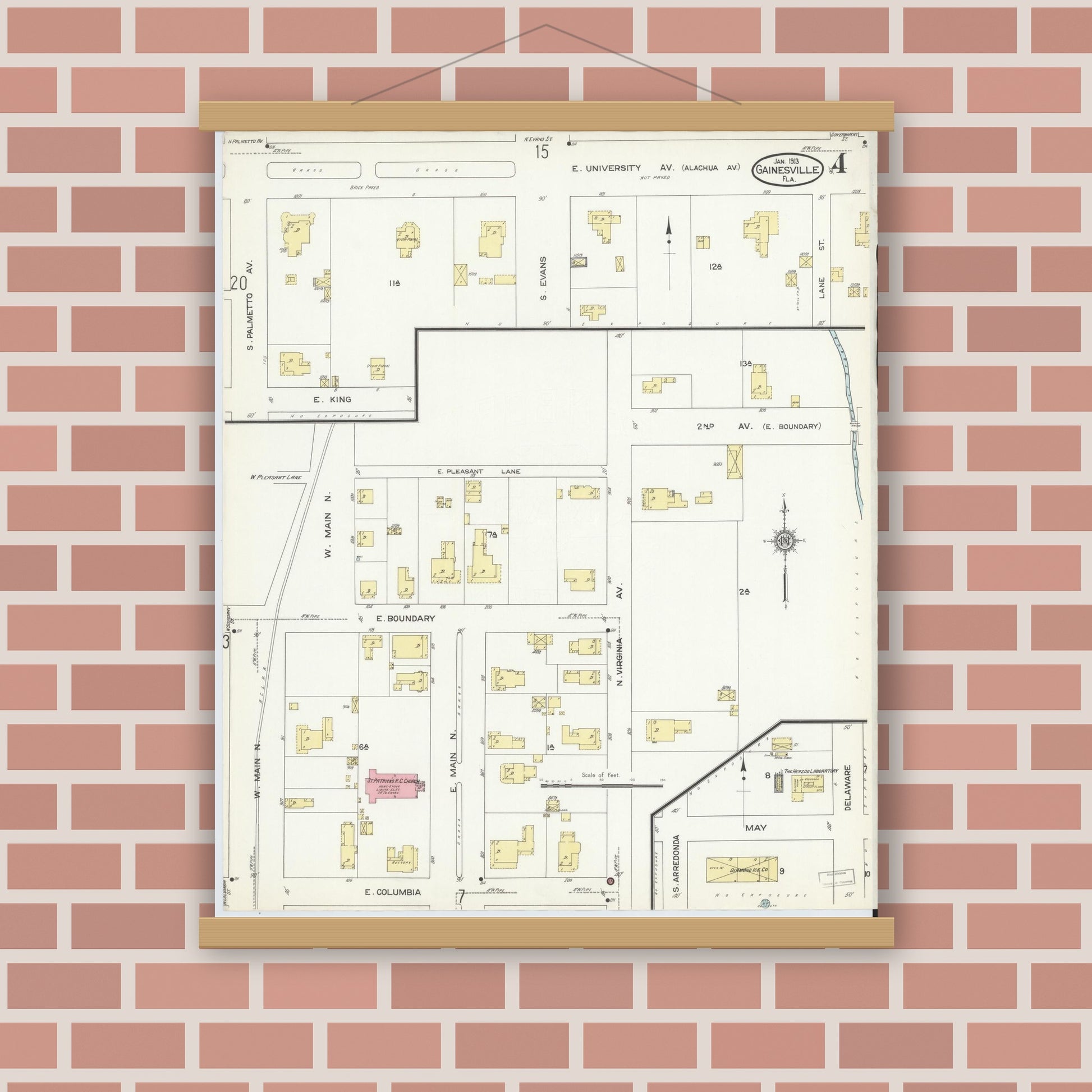 Old map wall art mockup — magnetic wood frame on brick wall — Sanborn Fire Insurance Map from Gainesville, Alachua County, Florida (1913), Sheet #0004