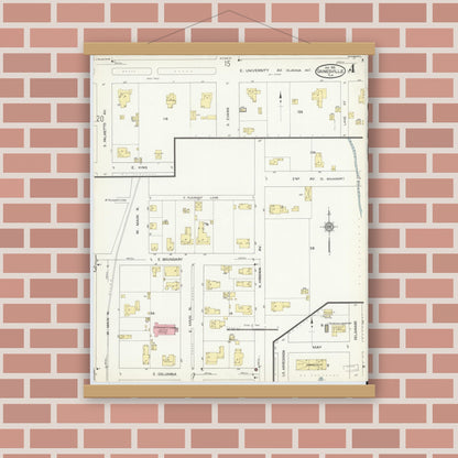 Old map wall art mockup — magnetic wood frame on brick wall — Sanborn Fire Insurance Map from Gainesville, Alachua County, Florida (1913), Sheet #0004