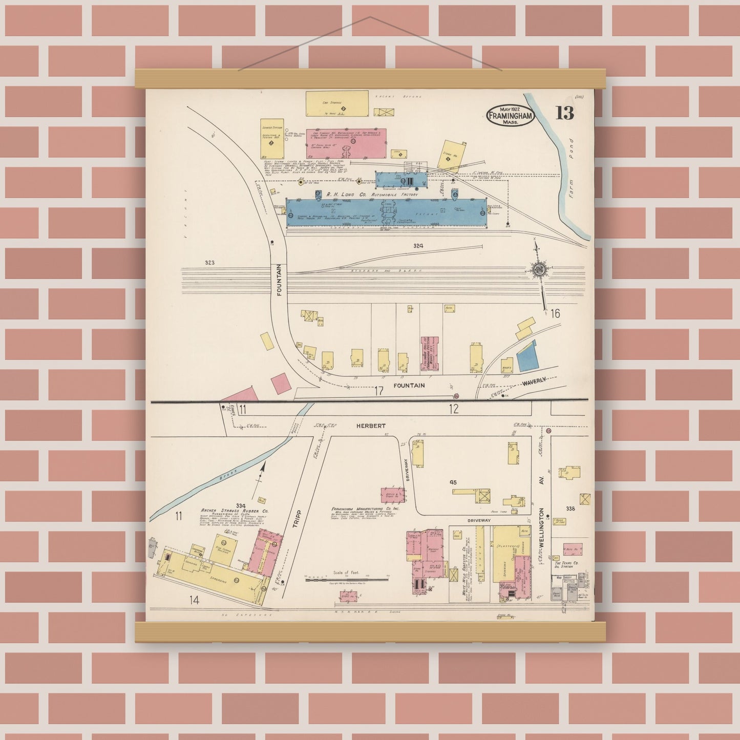 Old map wall art mockup — magnetic wood frame on brick wall — Sanborn Fire Insurance Map from Framingham, Middlesex County, Massachusetts (1922), Sheet #0013