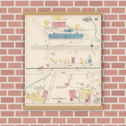 Old map wall art mockup — magnetic wood frame on brick wall — Sanborn Fire Insurance Map from Framingham, Middlesex County, Massachusetts (1922), Sheet #0013