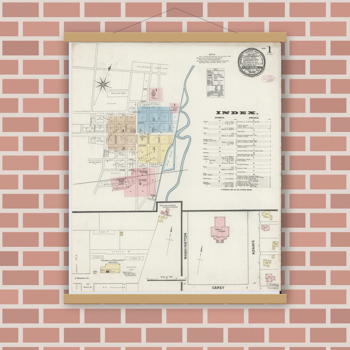 Old map wall art mockup — magnetic wood frame on brick wall — Sanborn Fire Insurance Map from Knightstown, Henry County, Indiana (1890), Sheet #0001