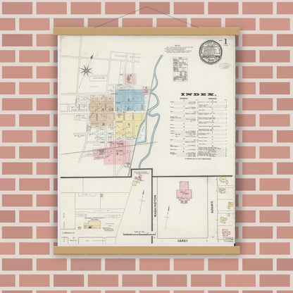 Old map wall art mockup — magnetic wood frame on brick wall — Sanborn Fire Insurance Map from Knightstown, Henry County, Indiana (1890), Sheet #0001