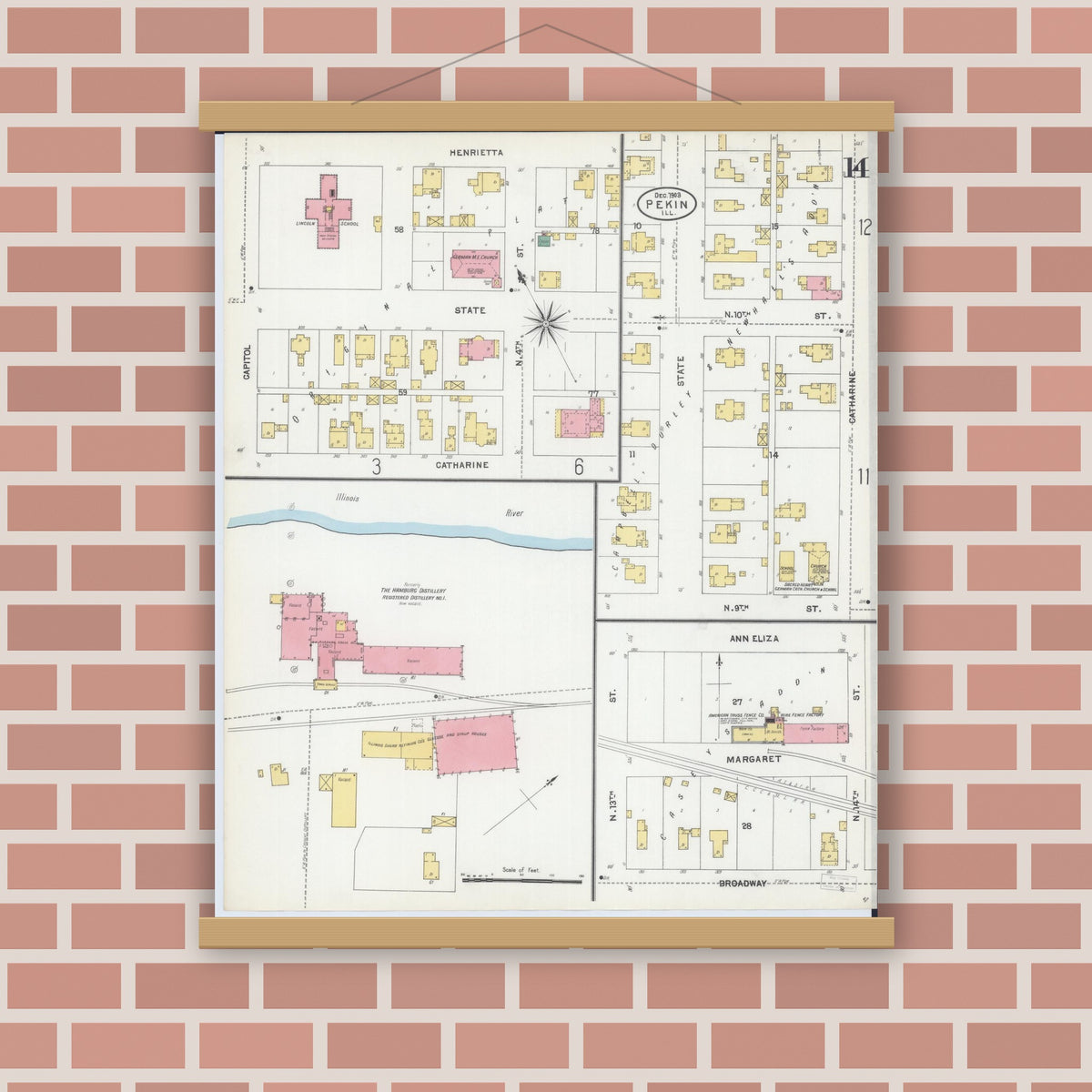 Old map wall art mockup — magnetic wood frame on brick wall — Sanborn Fire Insurance Map from Pekin, Tazewell County, Illinois (1903), Sheet #0014