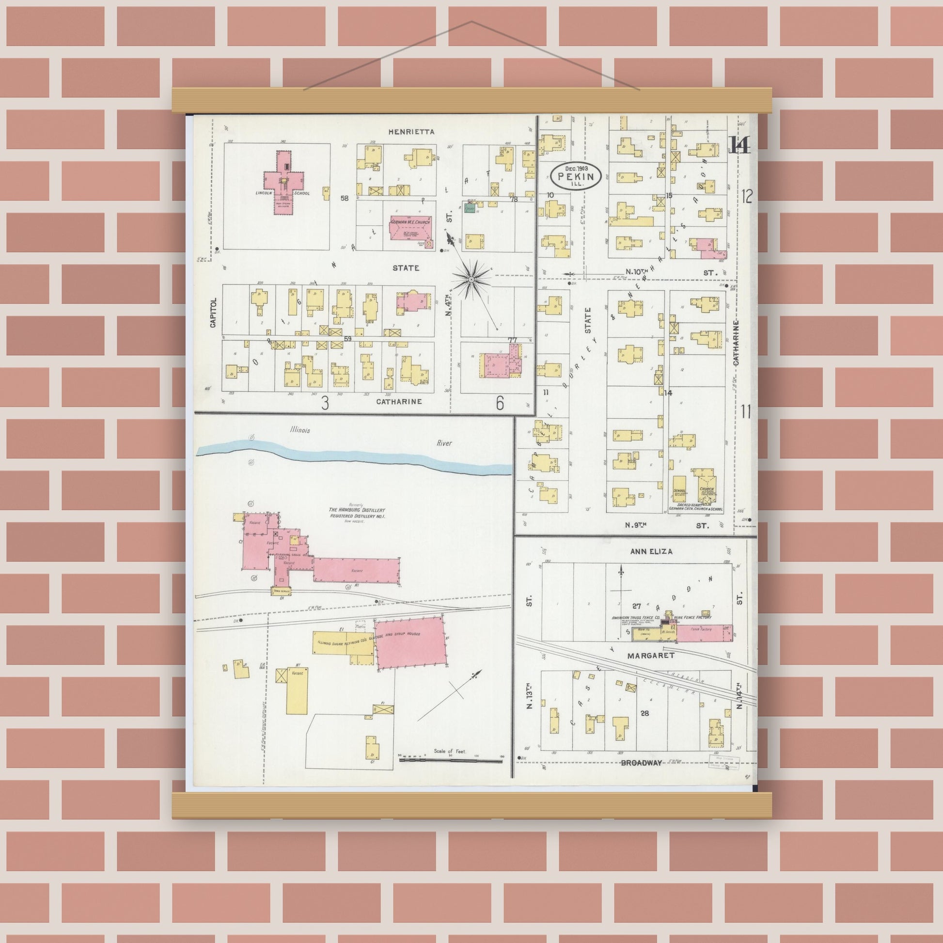 Old map wall art mockup — magnetic wood frame on brick wall — Sanborn Fire Insurance Map from Pekin, Tazewell County, Illinois (1903), Sheet #0014