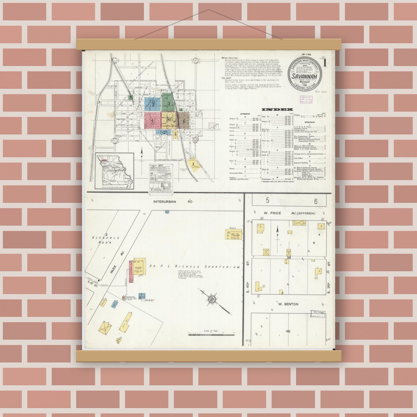 Old map wall art mockup — magnetic wood frame on brick wall — Sanborn Fire Insurance Map from Savannah, Andrew County, Missouri (1916), Sheet #0001