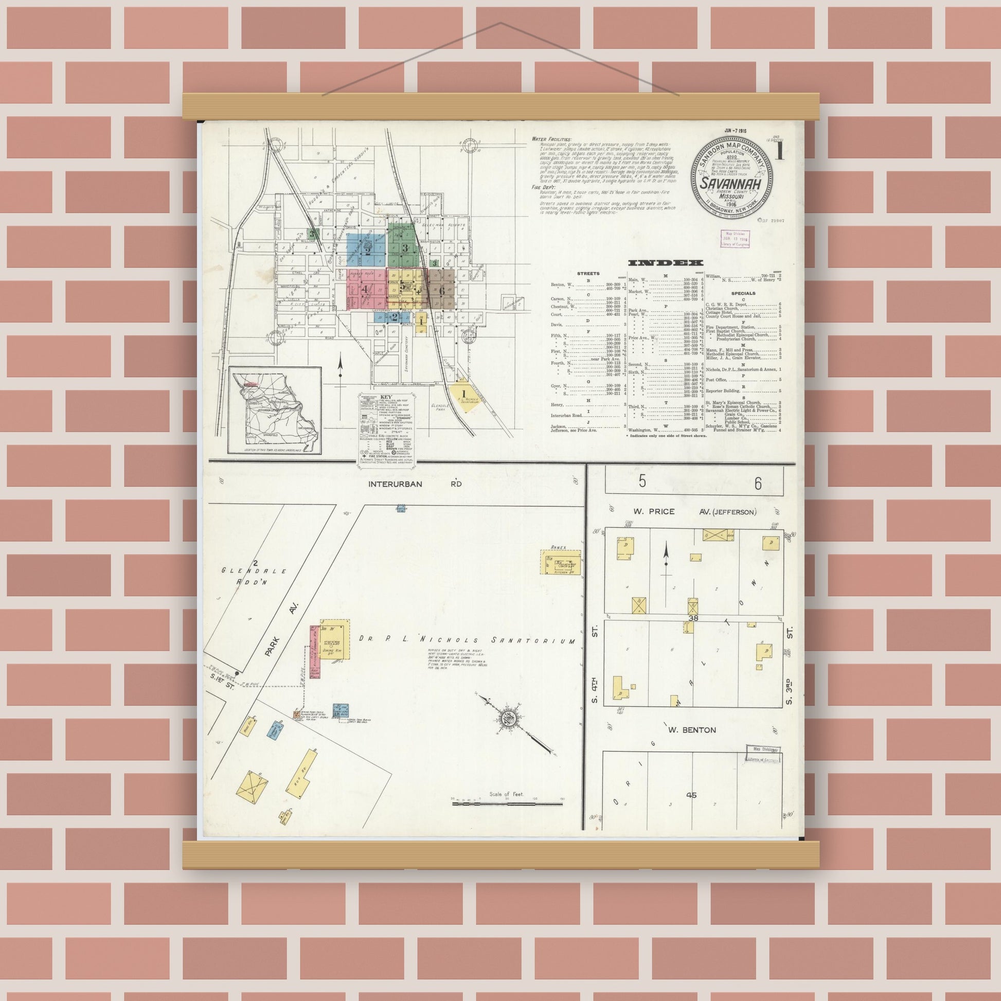 Old map wall art mockup — magnetic wood frame on brick wall — Sanborn Fire Insurance Map from Savannah, Andrew County, Missouri (1916), Sheet #0001